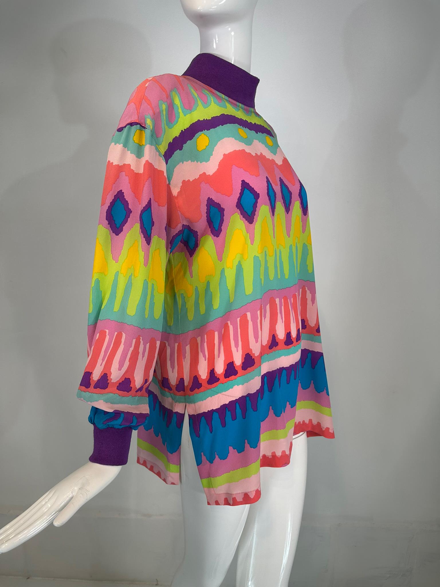 Escada Colourful Silk Crepe Stripe Pull on Tunic Knit Collar & Cuffs 1980s In Good Condition For Sale In West Palm Beach, FL