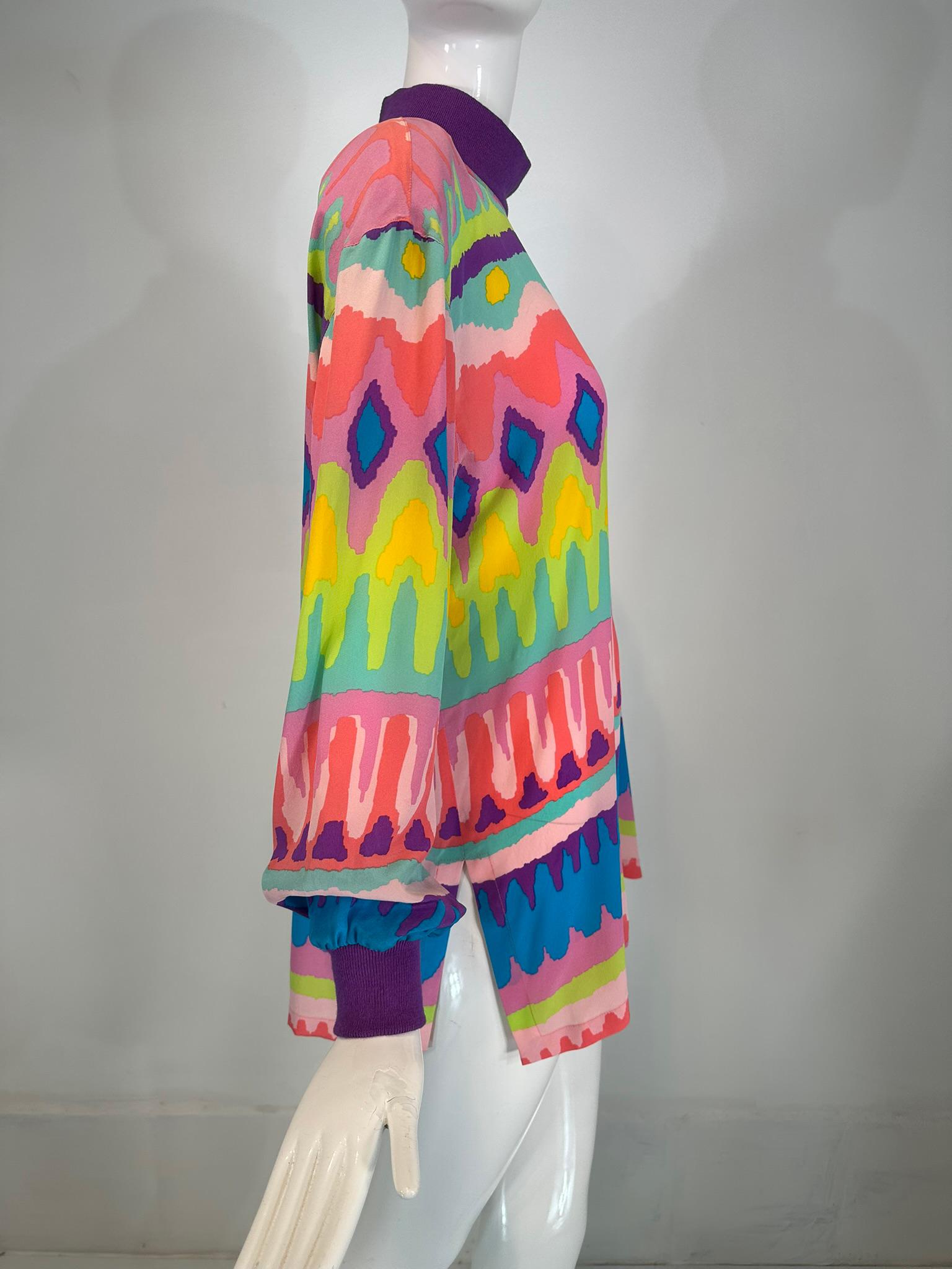 Women's Escada Colourful Silk Crepe Stripe Pull on Tunic Knit Collar & Cuffs 1980s For Sale