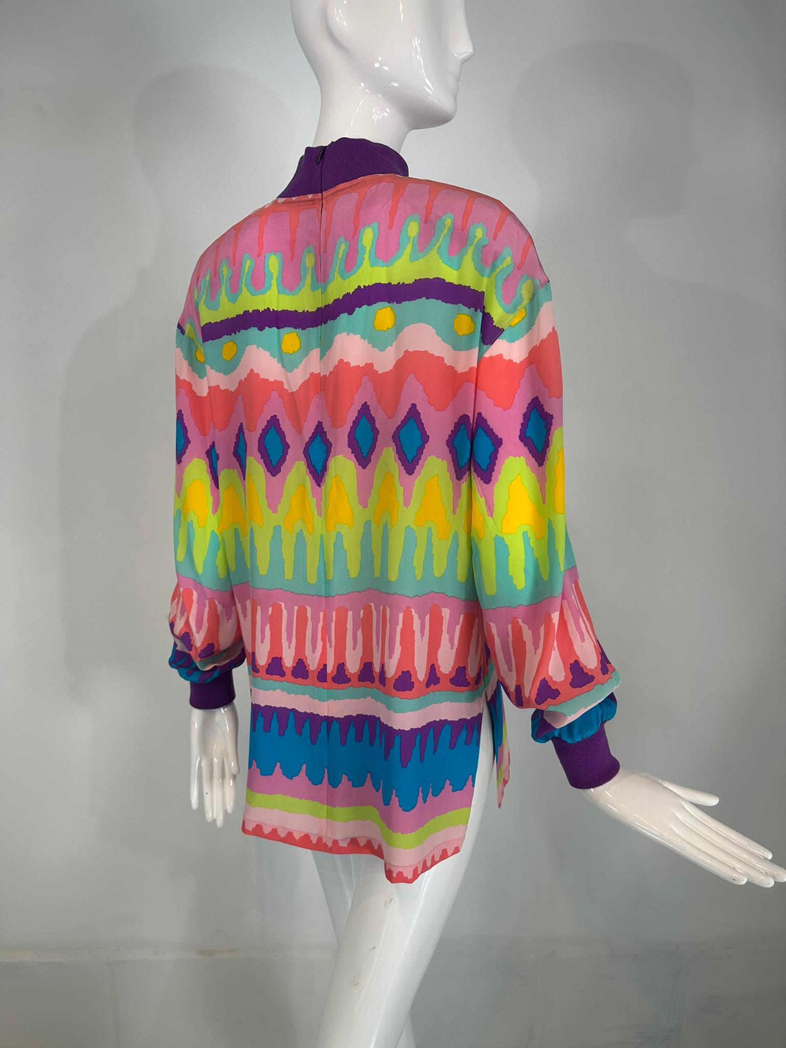 Escada Colourful Silk Crepe Stripe Pull on Tunic Knit Collar & Cuffs 1980s For Sale 2