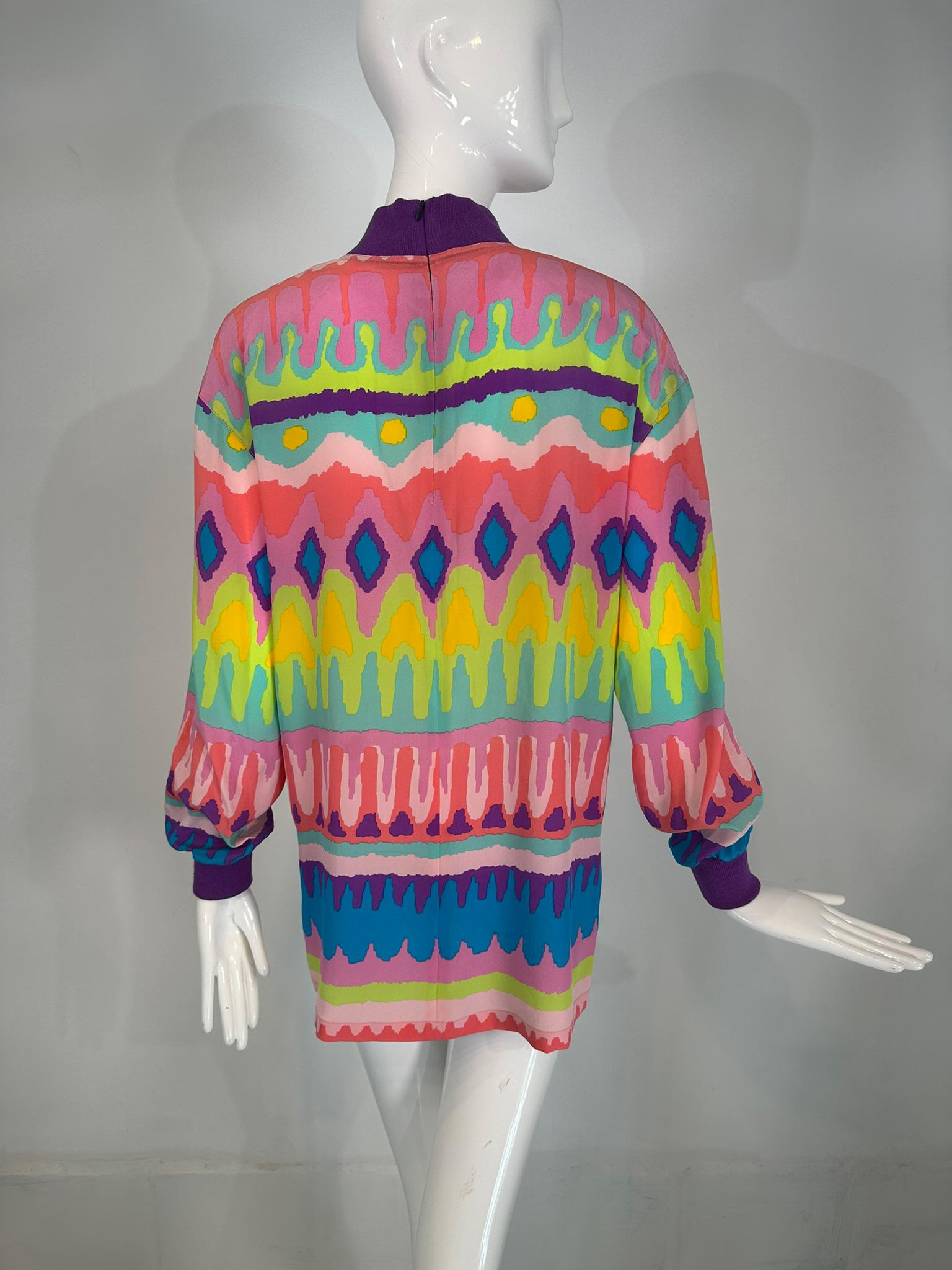 Escada Colourful Silk Crepe Stripe Pull on Tunic Knit Collar & Cuffs 1980s For Sale 3