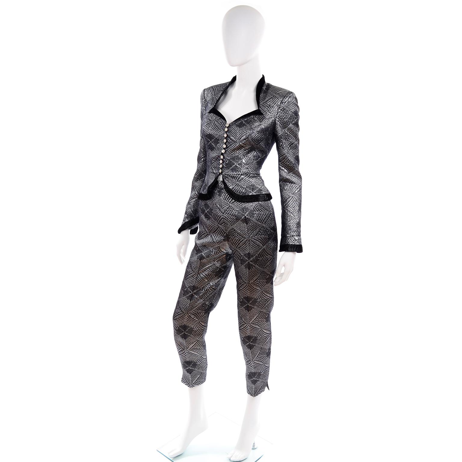 Escada Couture 3pc Silver Blk Evening Outfit w Peplum Jacket Skirt & Trousers XS For Sale 5