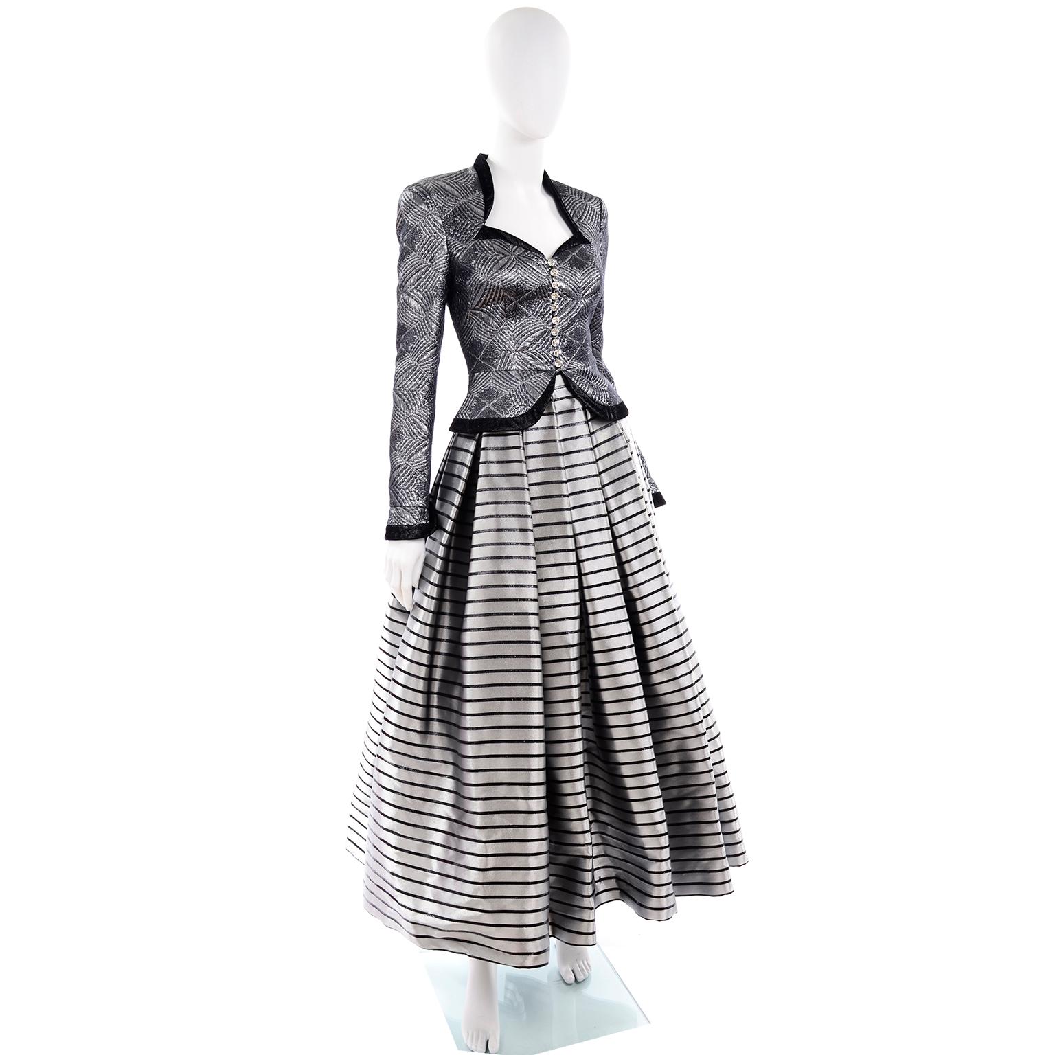 Black Escada Couture 3pc Silver Blk Evening Outfit w Peplum Jacket Skirt & Trousers XS For Sale