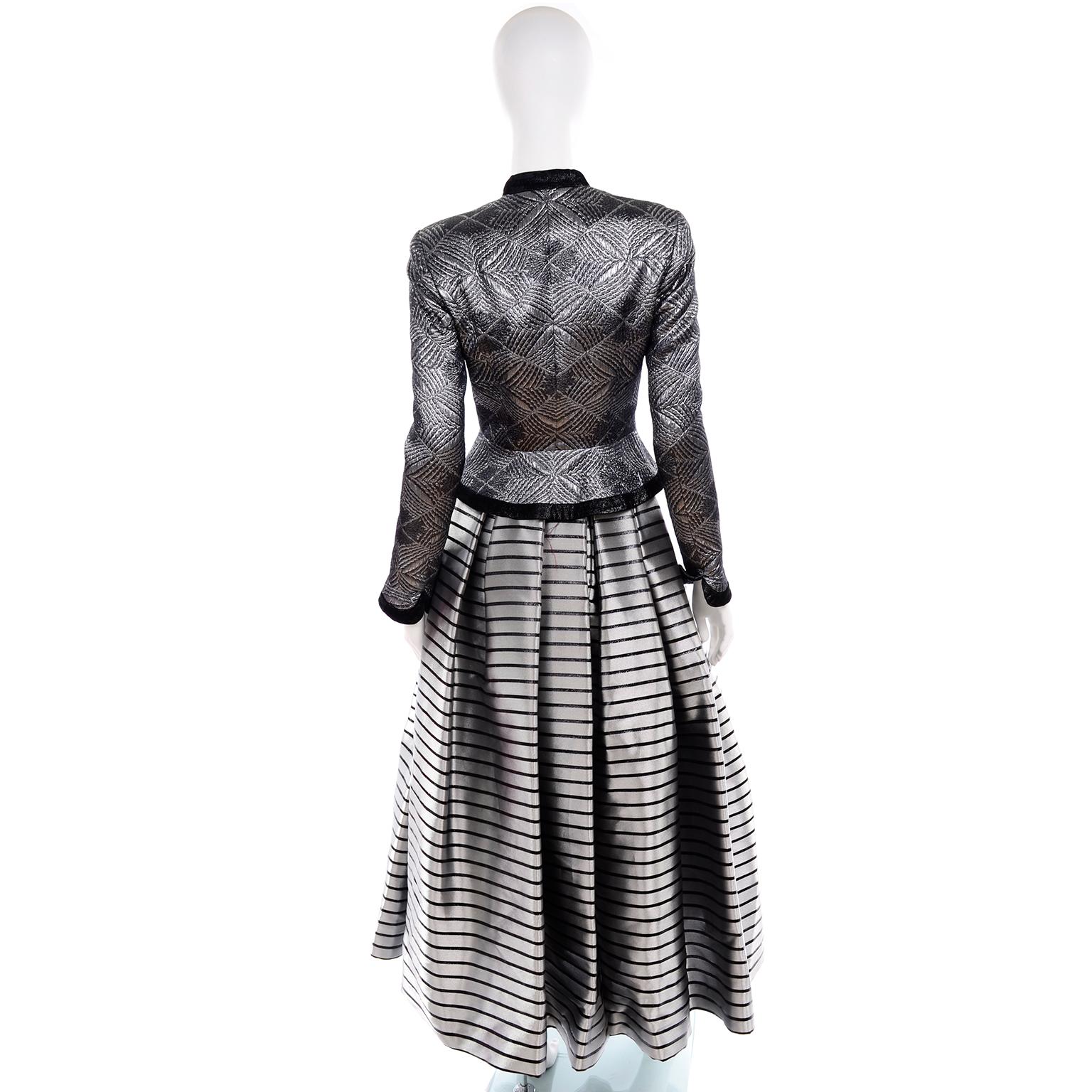 Escada Couture 3pc Silver Blk Evening Outfit w Peplum Jacket Skirt & Trousers XS In Excellent Condition For Sale In Portland, OR