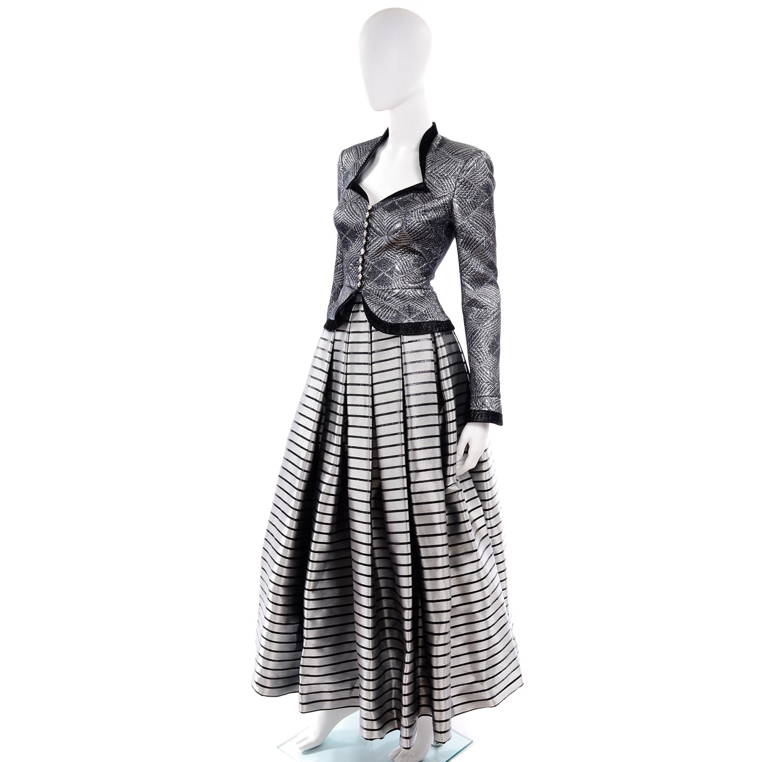 Women's Escada Couture 3pc Silver Blk Evening Outfit w Peplum Jacket Skirt & Trousers XS For Sale