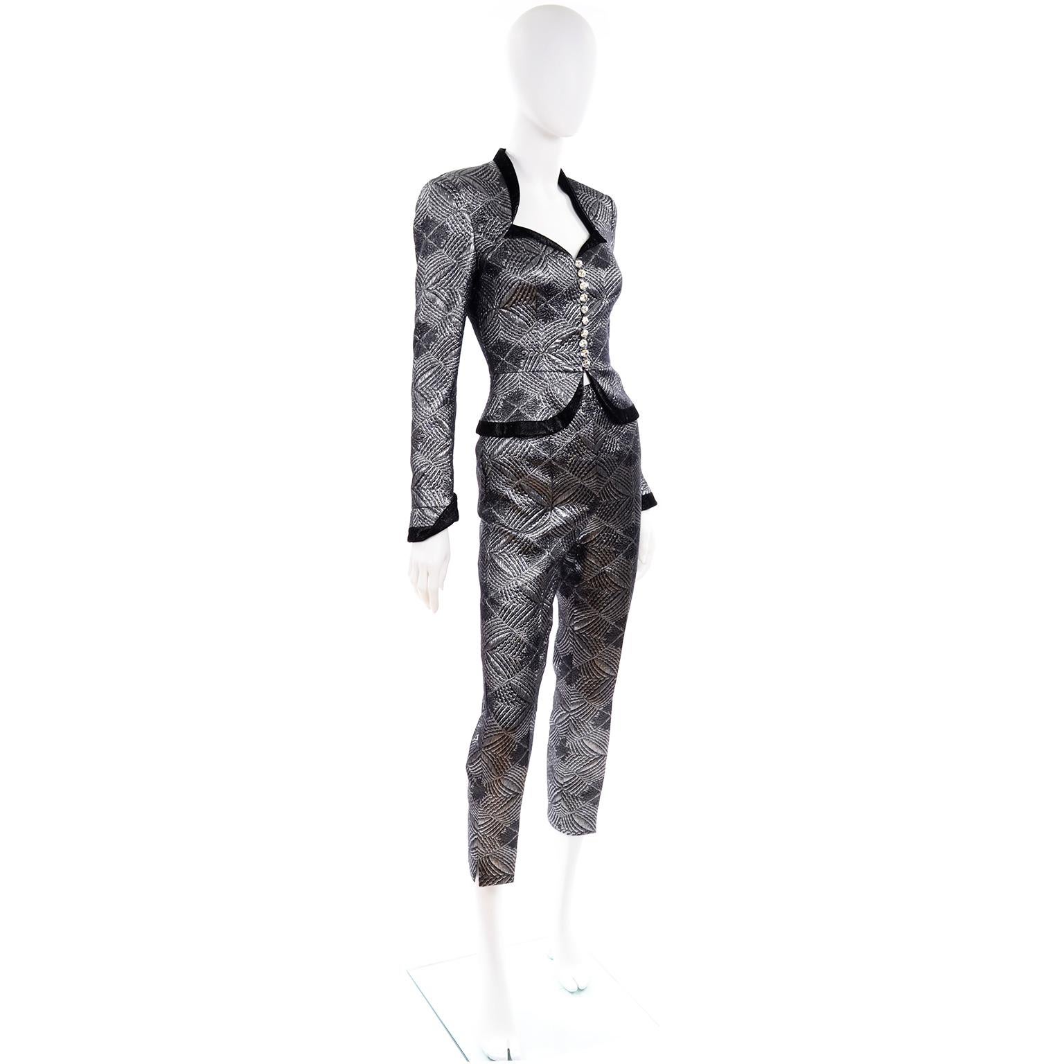 Escada Couture 3pc Silver Blk Evening Outfit w Peplum Jacket Skirt & Trousers XS For Sale 1