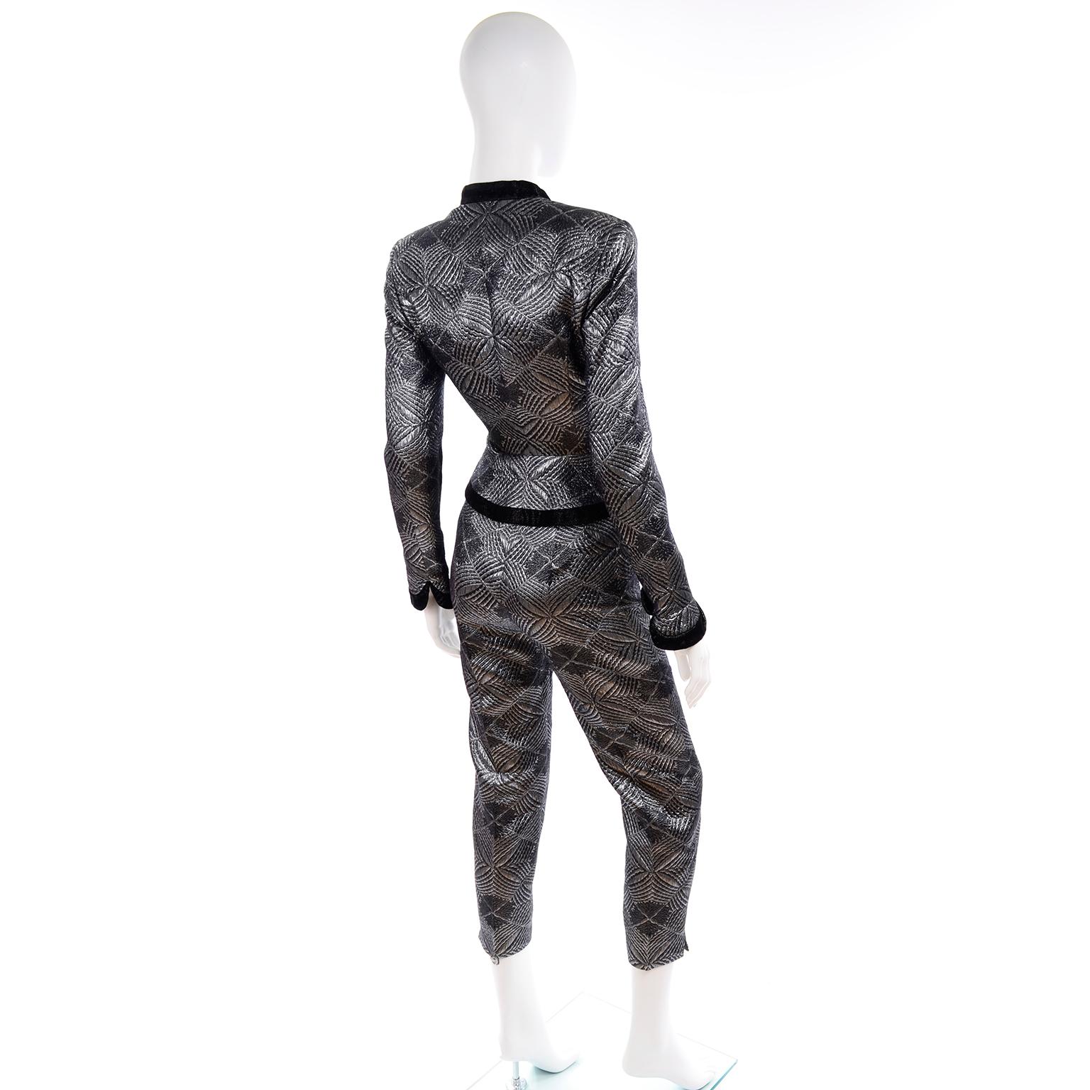 Escada Couture 3pc Silver Blk Evening Outfit w Peplum Jacket Skirt & Trousers XS For Sale 2