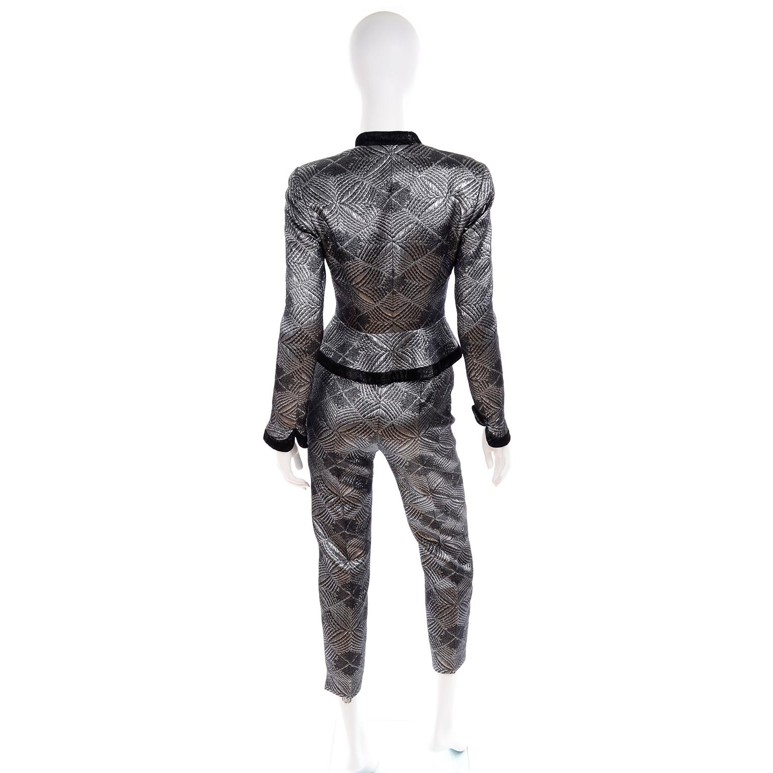 Escada Couture 3pc Silver Blk Evening Outfit w Peplum Jacket Skirt & Trousers XS For Sale 3
