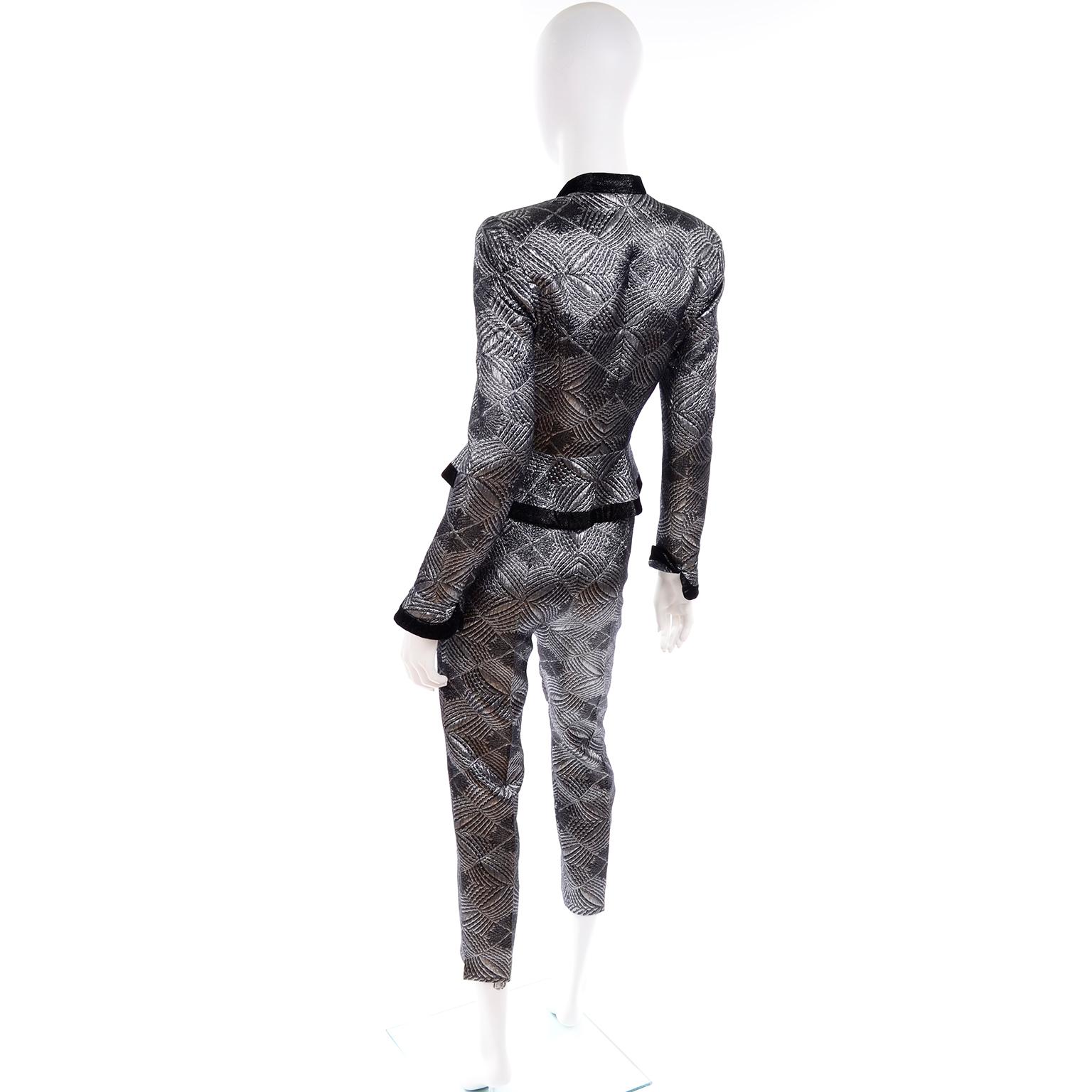Escada Couture 3pc Silver Blk Evening Outfit w Peplum Jacket Skirt & Trousers XS For Sale 4