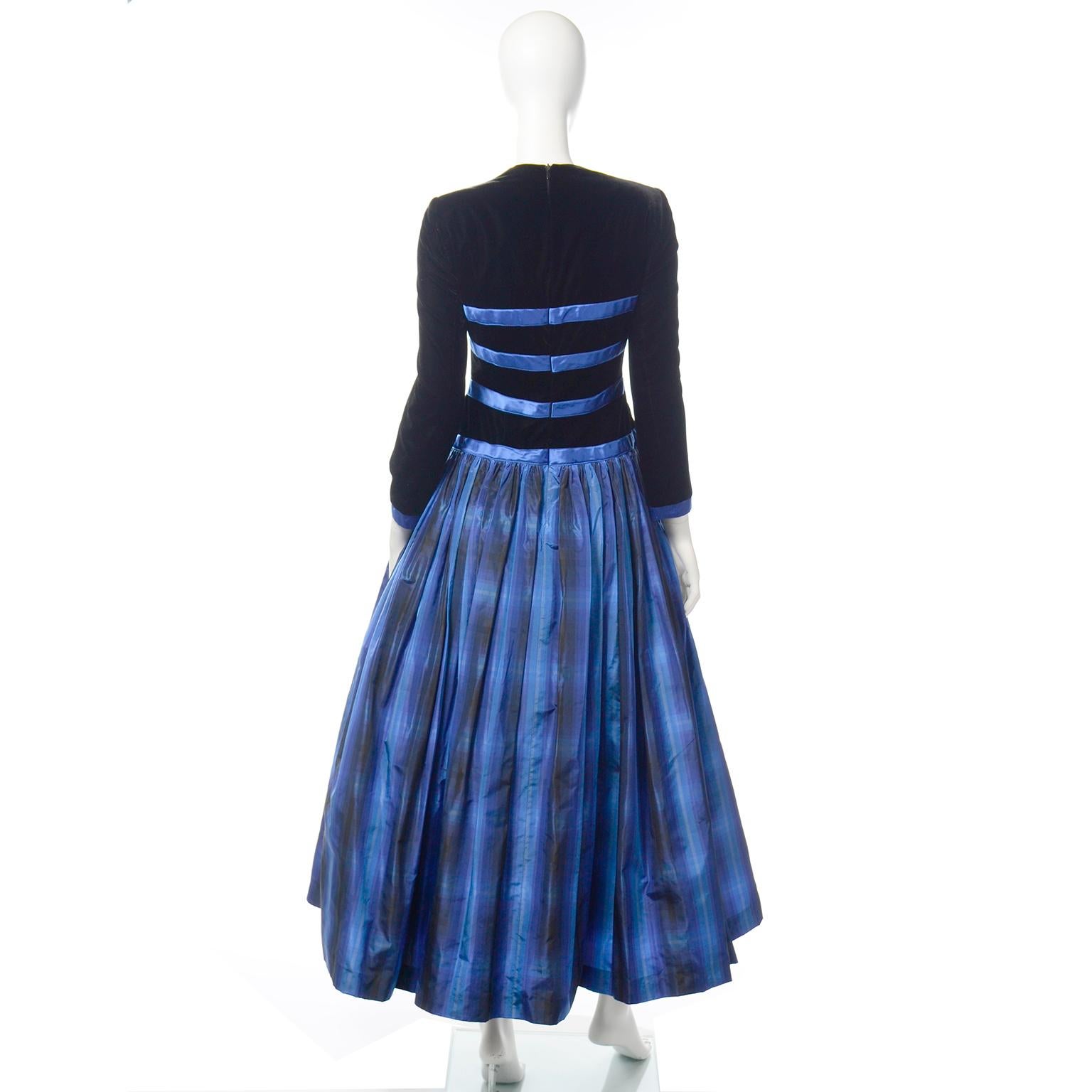 Escada Couture Dress Vintage Blue & Black Velvet and Silk Taffeta Evening Gown In Excellent Condition In Portland, OR