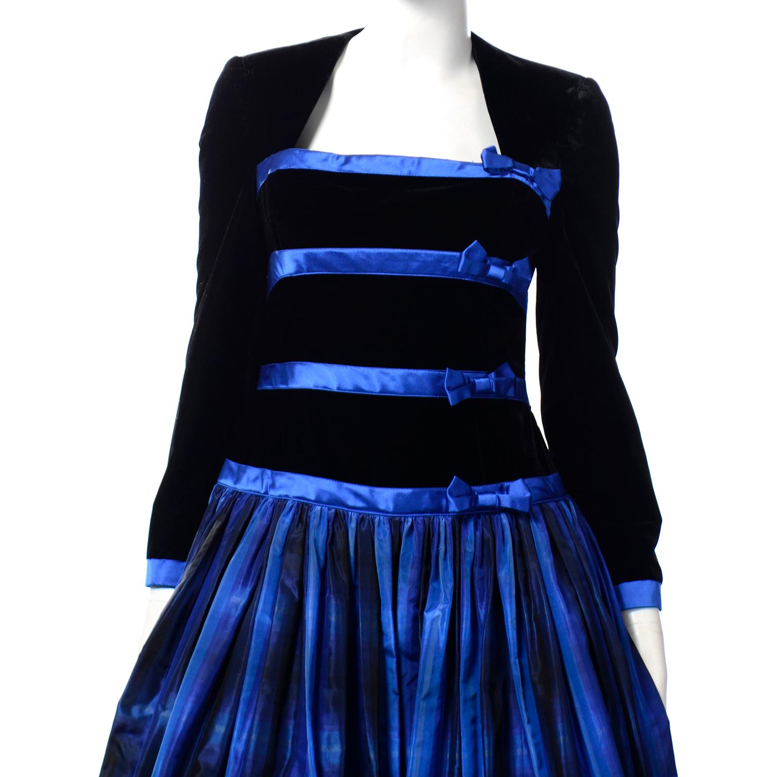 Escada Couture Dress Vintage Blue & Black Velvet and Silk Taffeta Evening Gown 2