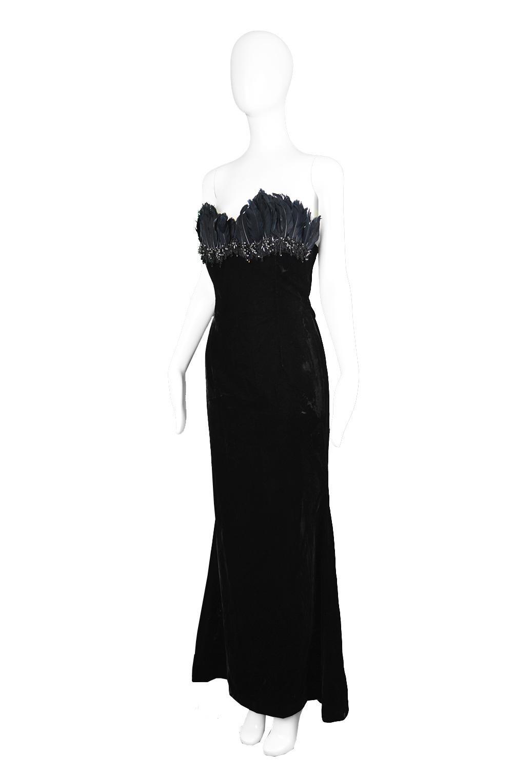 Escada Couture Feather Trim Black Velvet Evening Gown In Excellent Condition In Doncaster, South Yorkshire