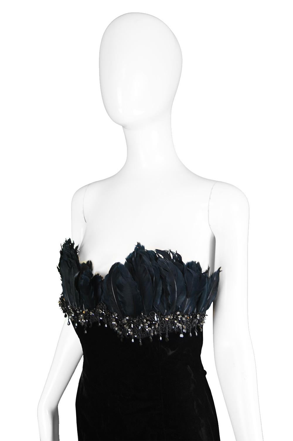 Women's Escada Couture Feather Trim Black Velvet Evening Gown