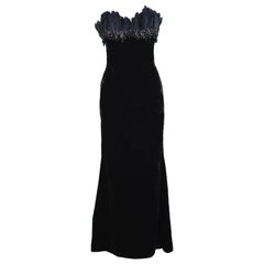 Escada Couture Feather Trim Black Velvet Evening Gown