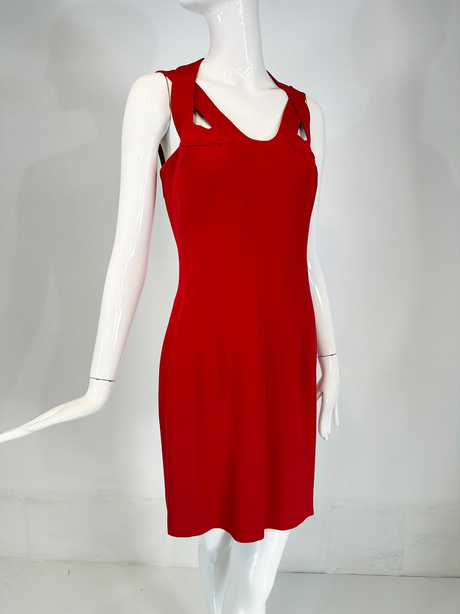 Escada couture fire engine red open strap, halter neck cocktail dress marked size 36. A gorgeous dress for any special occasion the, open neck line is done with straps and a halter neck, which closes at the neck back with 2 matte gold crystal