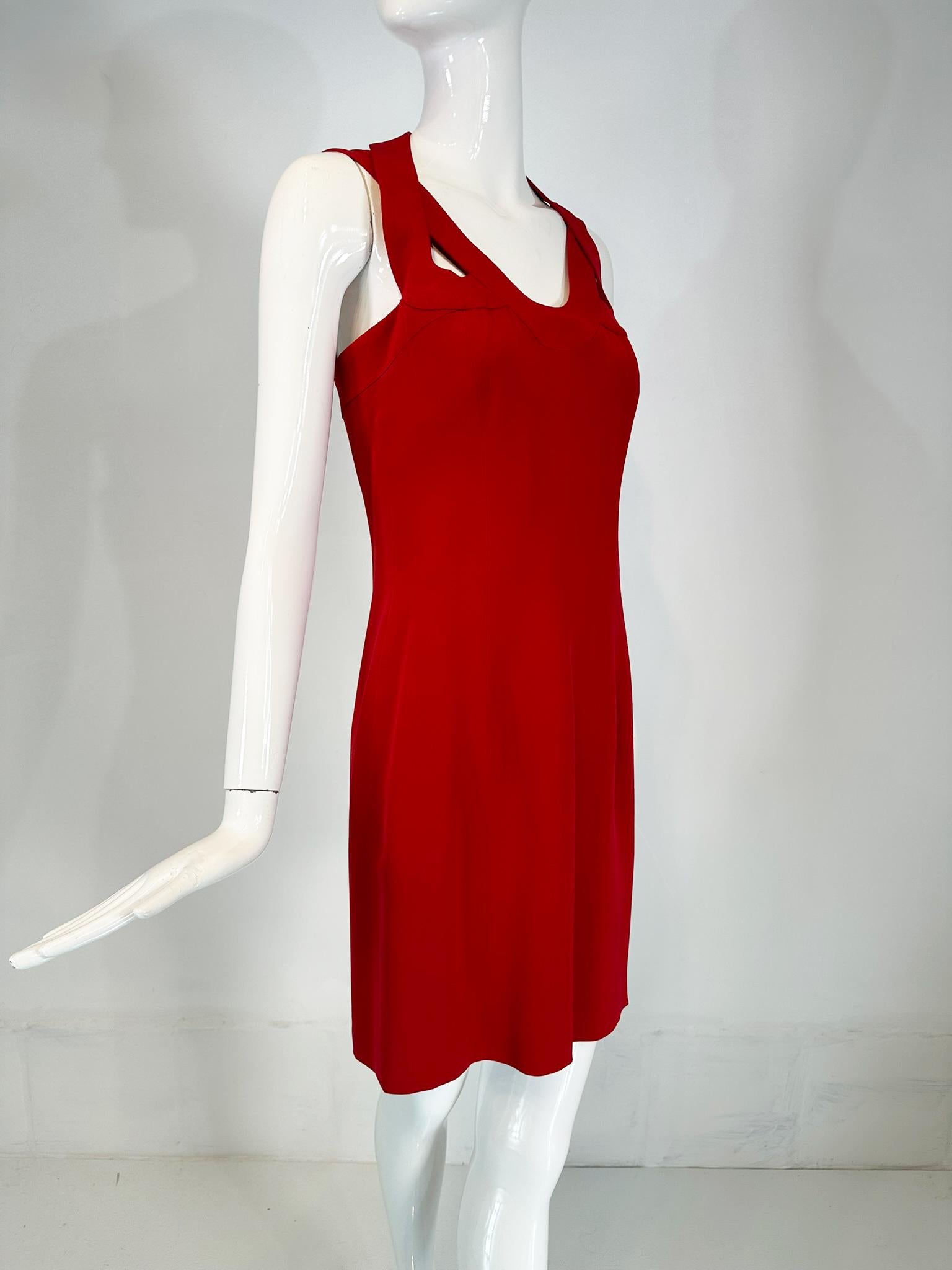 Escada Couture Fire Engine Red Silk Open Strap Neckline Cocktail dress 36 In Good Condition For Sale In West Palm Beach, FL