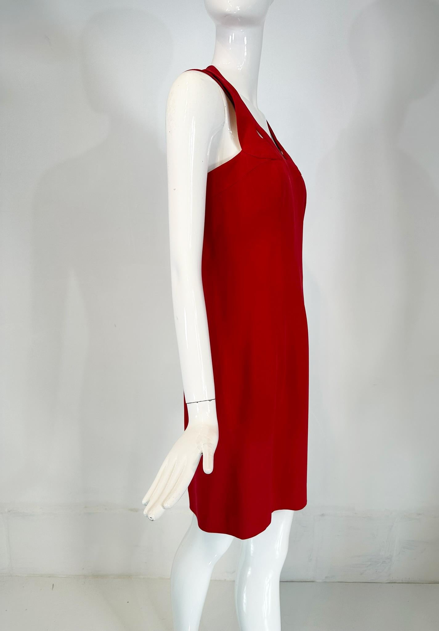 Escada Couture Fire Engine Red Silk Open Strap Neckline Cocktail dress 36 For Sale 1