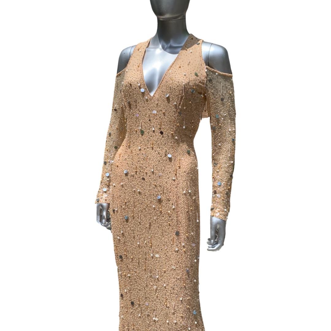 Escada Couture Kleid Deutschland Nudefarbenes Seide Fully Hand Perlen Fantasie Kleid NEU Größe 4  im Angebot 4