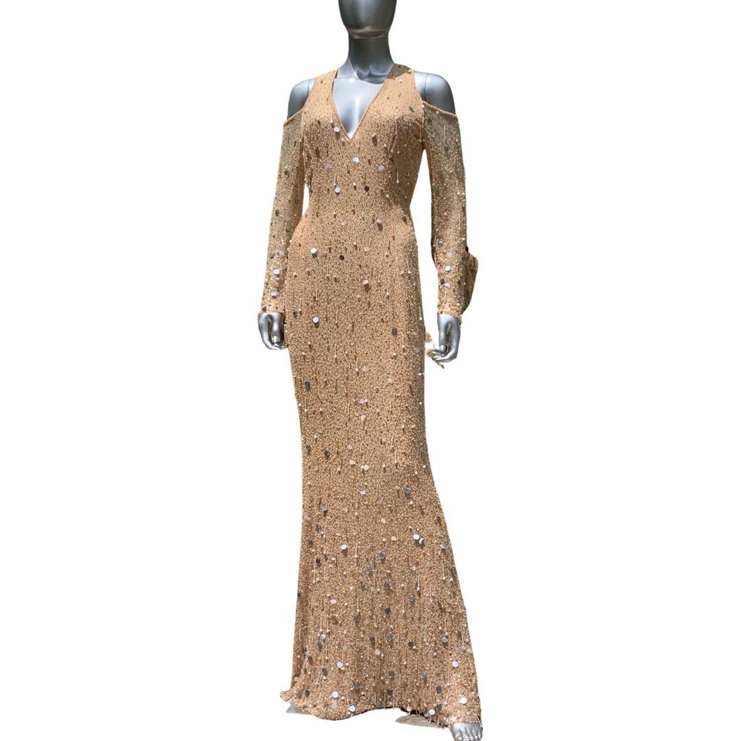 Escada Couture Kleid Deutschland Nudefarbenes Seide Fully Hand Perlen Fantasie Kleid NEU Größe 4  im Angebot 5