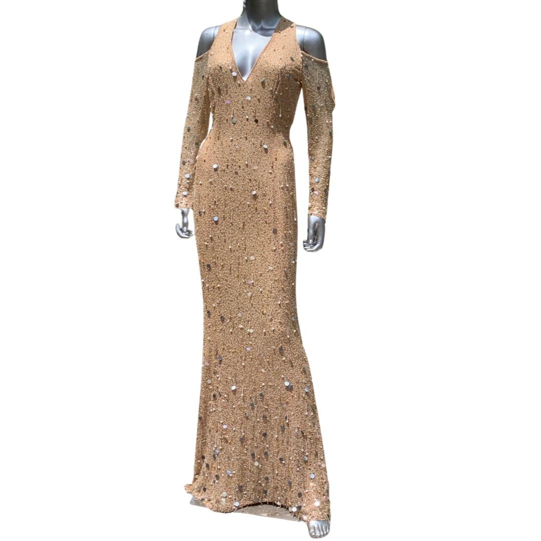 Escada Couture Kleid Deutschland Nudefarbenes Seide Fully Hand Perlen Fantasie Kleid NEU Größe 4  im Angebot 6