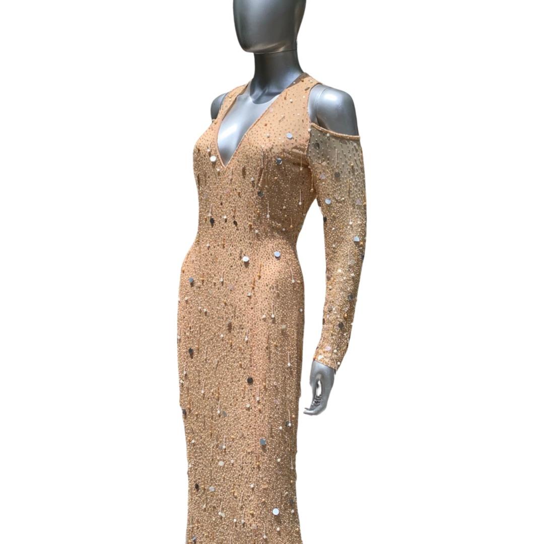 Escada Couture Kleid Deutschland Nudefarbenes Seide Fully Hand Perlen Fantasie Kleid NEU Größe 4  im Angebot 7