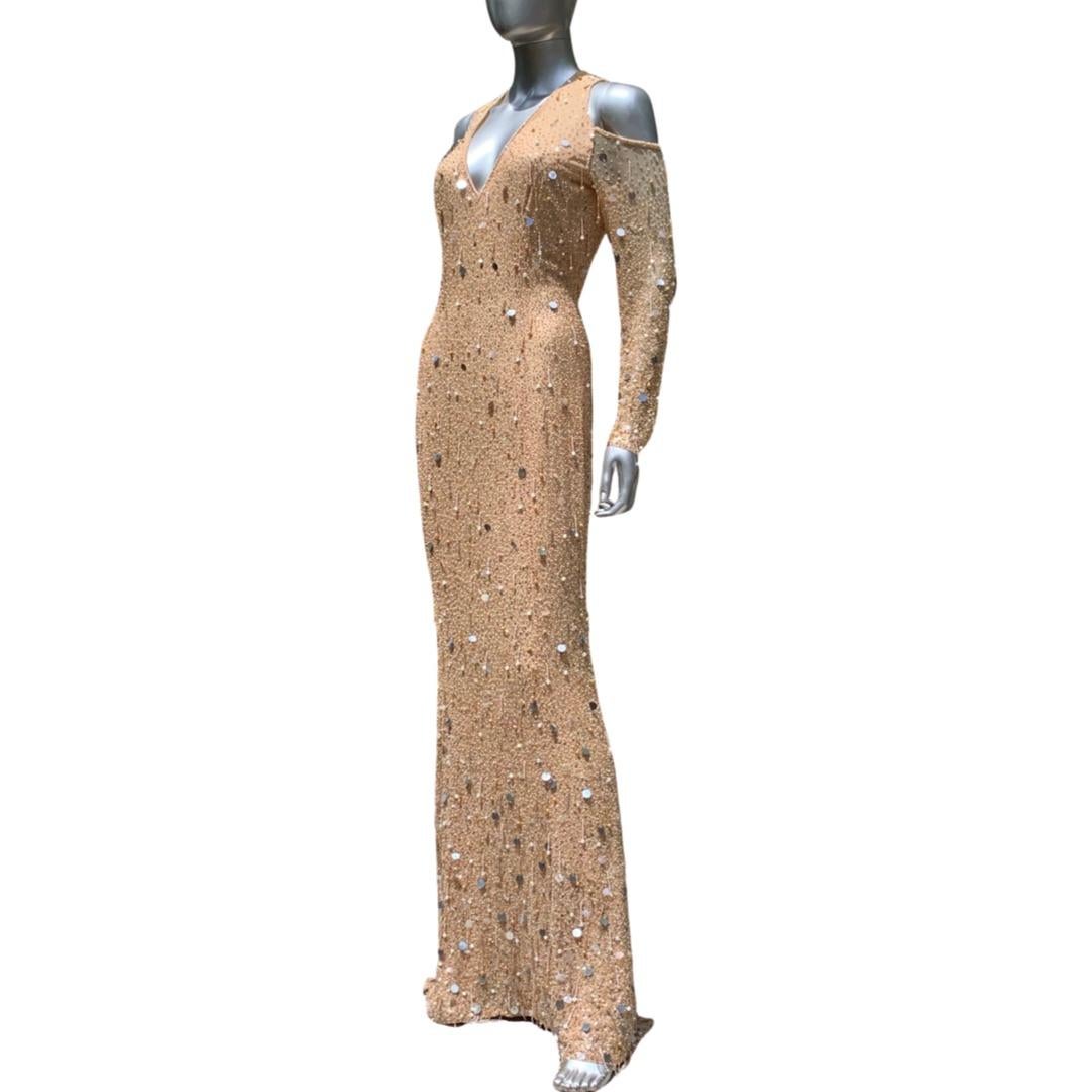 Escada Couture Kleid Deutschland Nudefarbenes Seide Fully Hand Perlen Fantasie Kleid NEU Größe 4  im Angebot 8