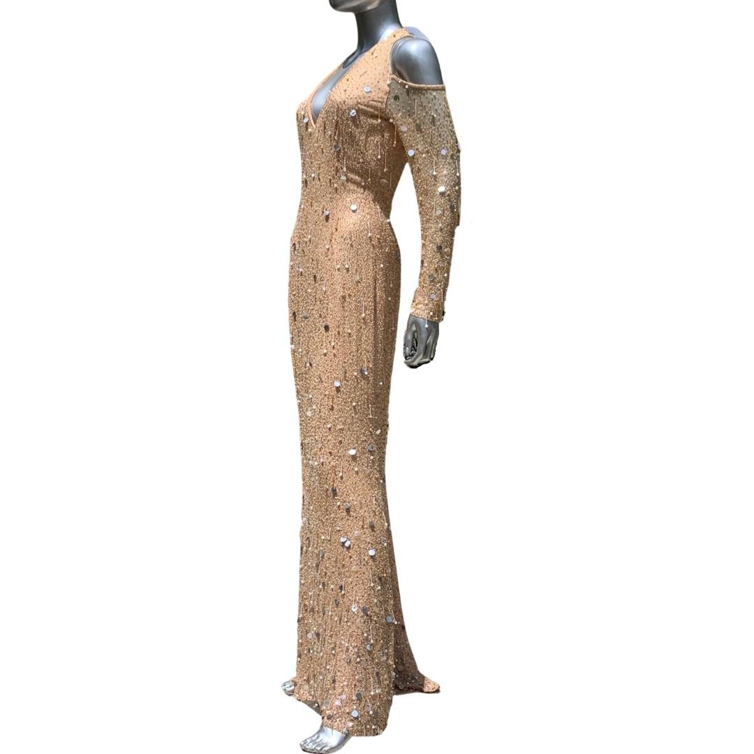 Escada Couture Kleid Deutschland Nudefarbenes Seide Fully Hand Perlen Fantasie Kleid NEU Größe 4  im Angebot 9