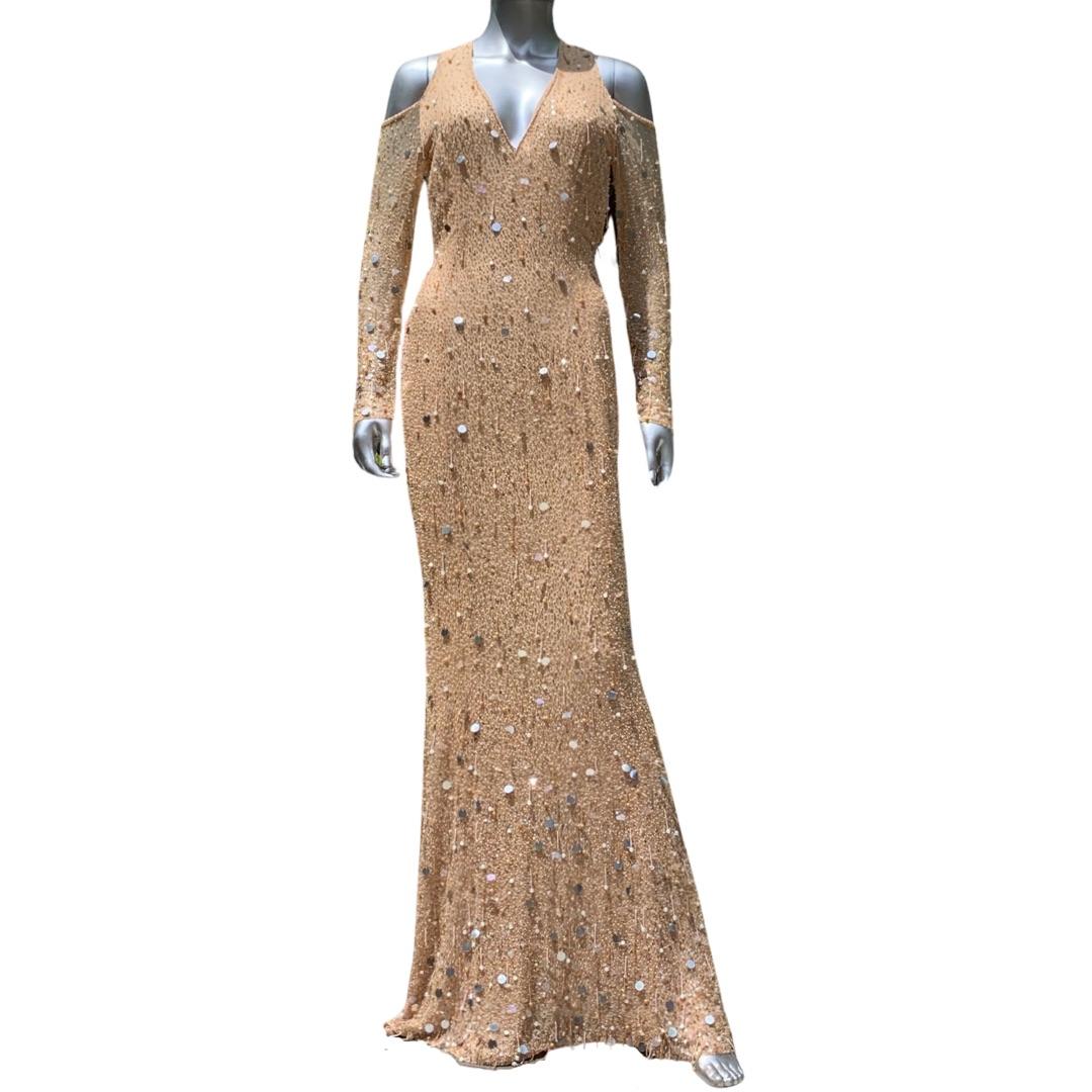 Escada Couture Kleid Deutschland Nudefarbenes Seide Fully Hand Perlen Fantasie Kleid NEU Größe 4  im Angebot 10