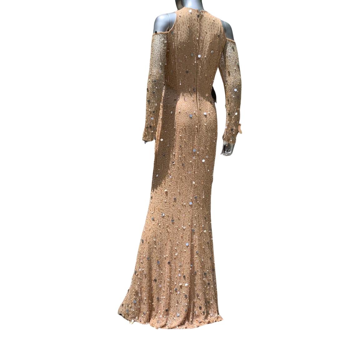 Escada Couture Kleid Deutschland Nudefarbenes Seide Fully Hand Perlen Fantasie Kleid NEU Größe 4  Damen im Angebot