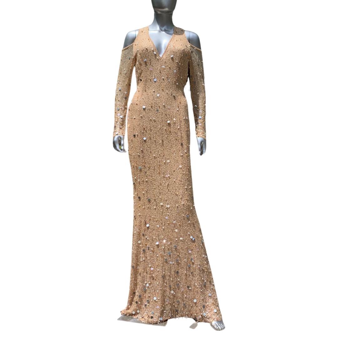 Escada Couture Kleid Deutschland Nudefarbenes Seide Fully Hand Perlen Fantasie Kleid NEU Größe 4  im Angebot 2