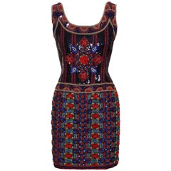 Escada Couture Green Red and Black Embroidery Dress, 1990s