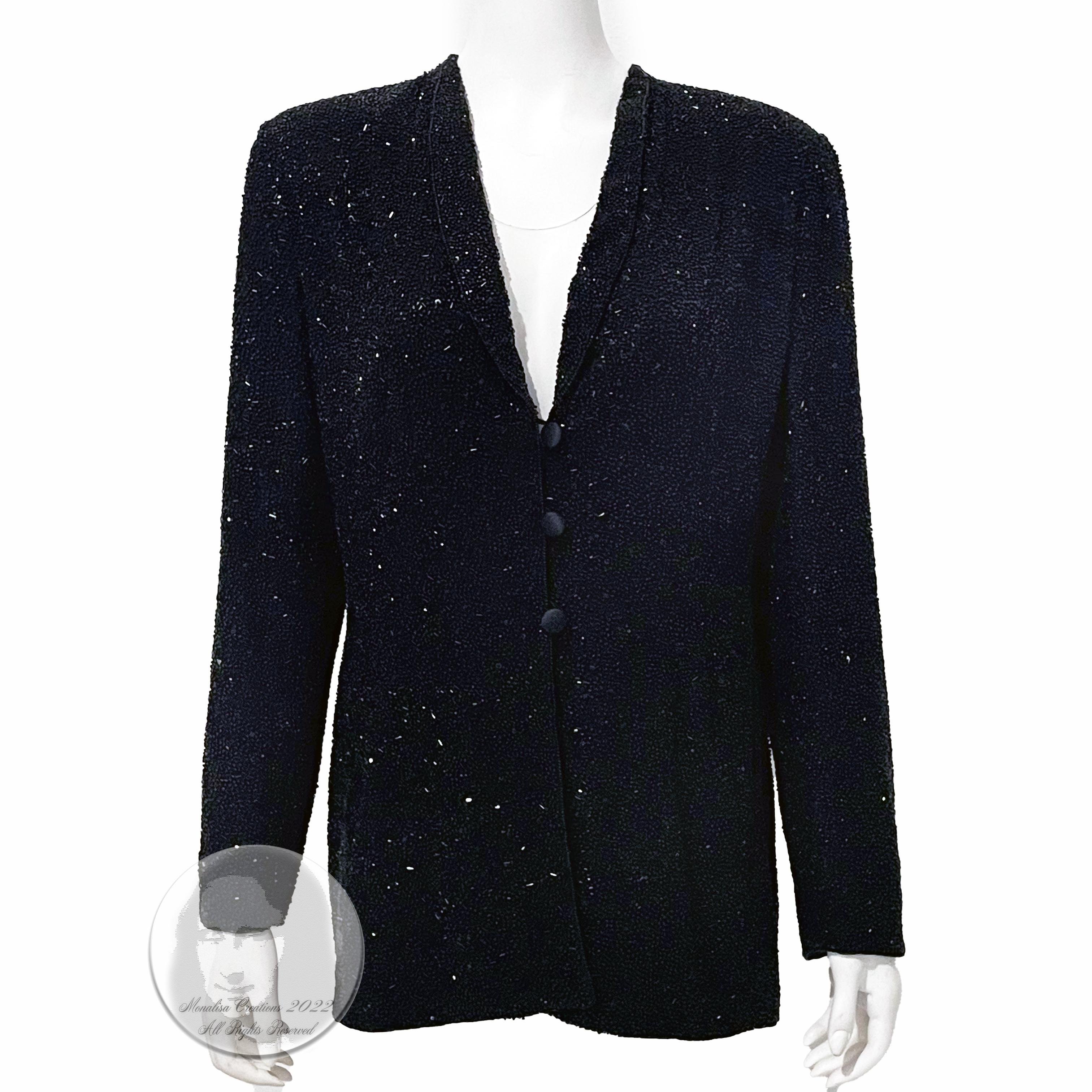 Authentic, preowned, vintage jacket, made by Escada Couture, most likely in the mid 90s.  Made from black silk, this tuxedo-style jacket is covered in TONS of black jet beads that sparkle and twinkle in light!  It fastens with silk-covered buttons
