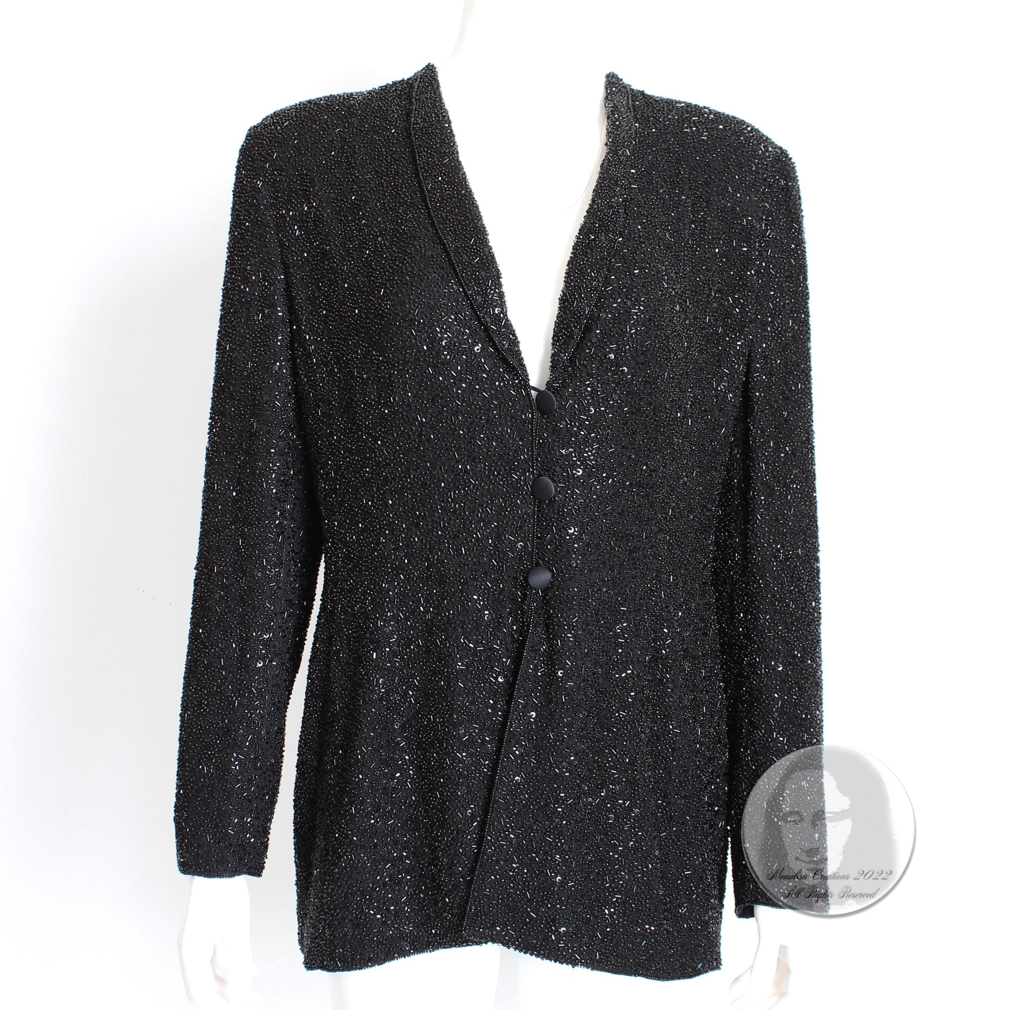 Escada Couture Jacket Beaded Evening Cocktail Black Silk Embellished Vintage 90s In Good Condition In Port Saint Lucie, FL