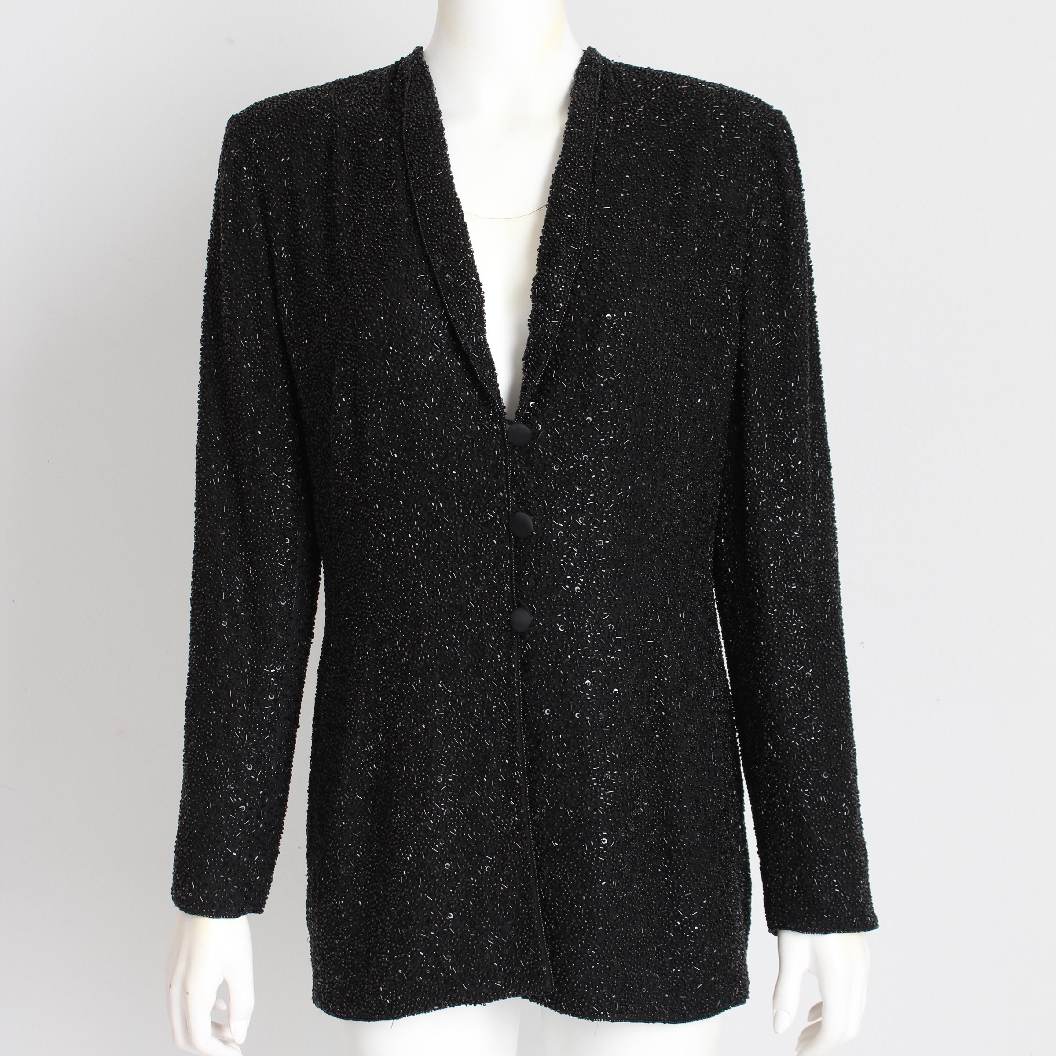 Women's Escada Couture Jacket Beaded Evening Cocktail Black Silk Embellished Vintage 90s For Sale