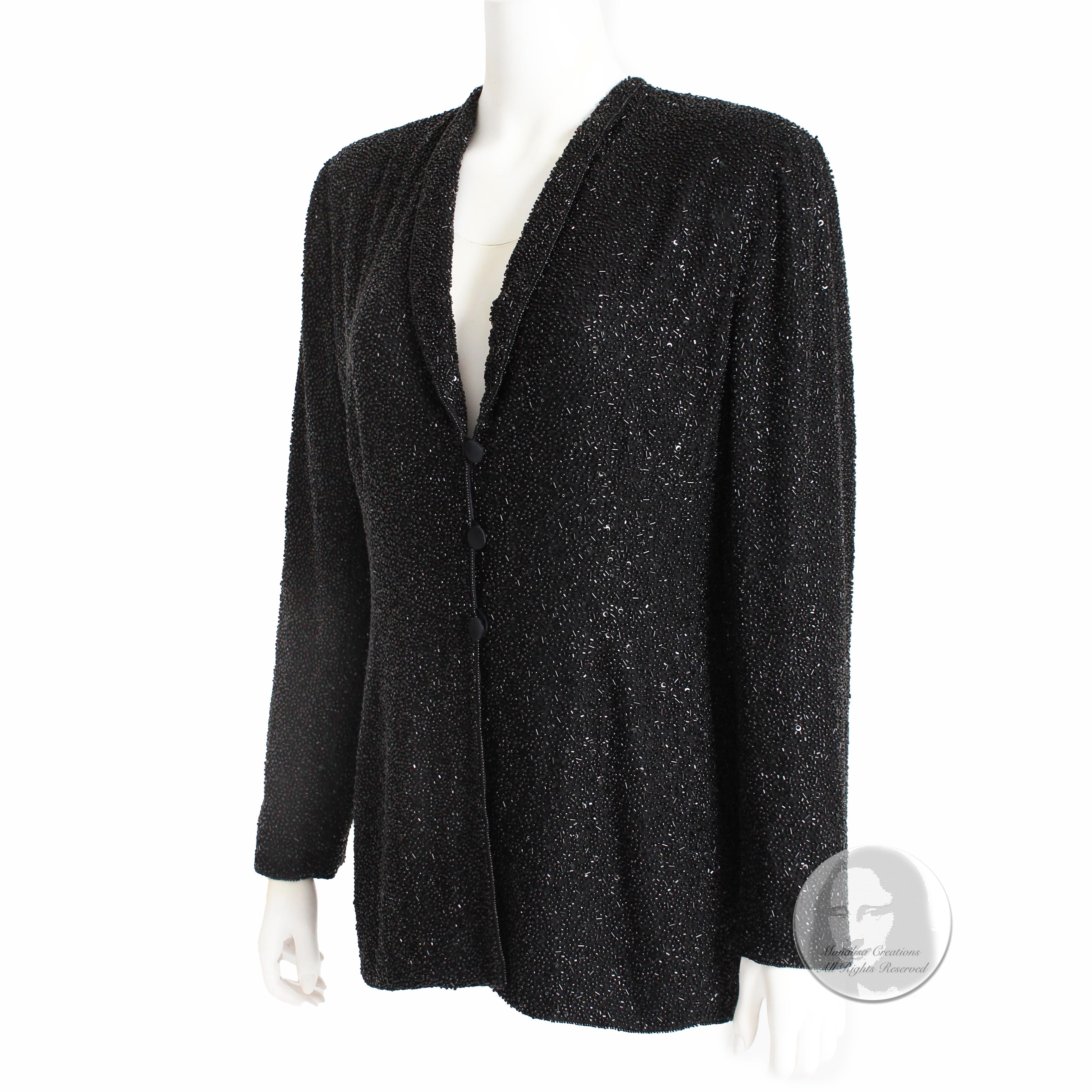 Escada Couture Jacket Beaded Evening Cocktail Black Silk Embellished Vintage 90s For Sale 1