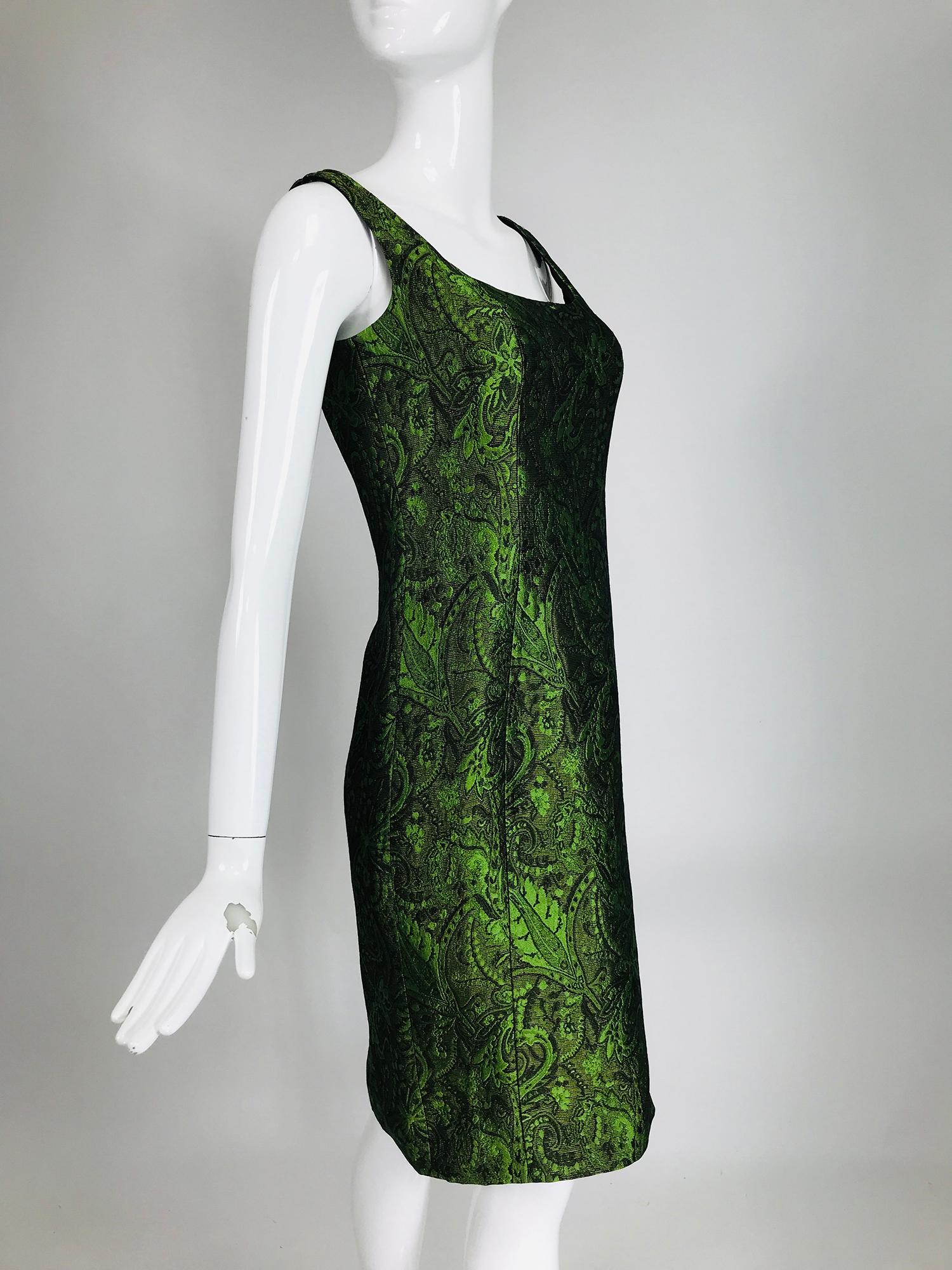 Escada Couture Moss Green Silk Brocade Sheath Dress 2