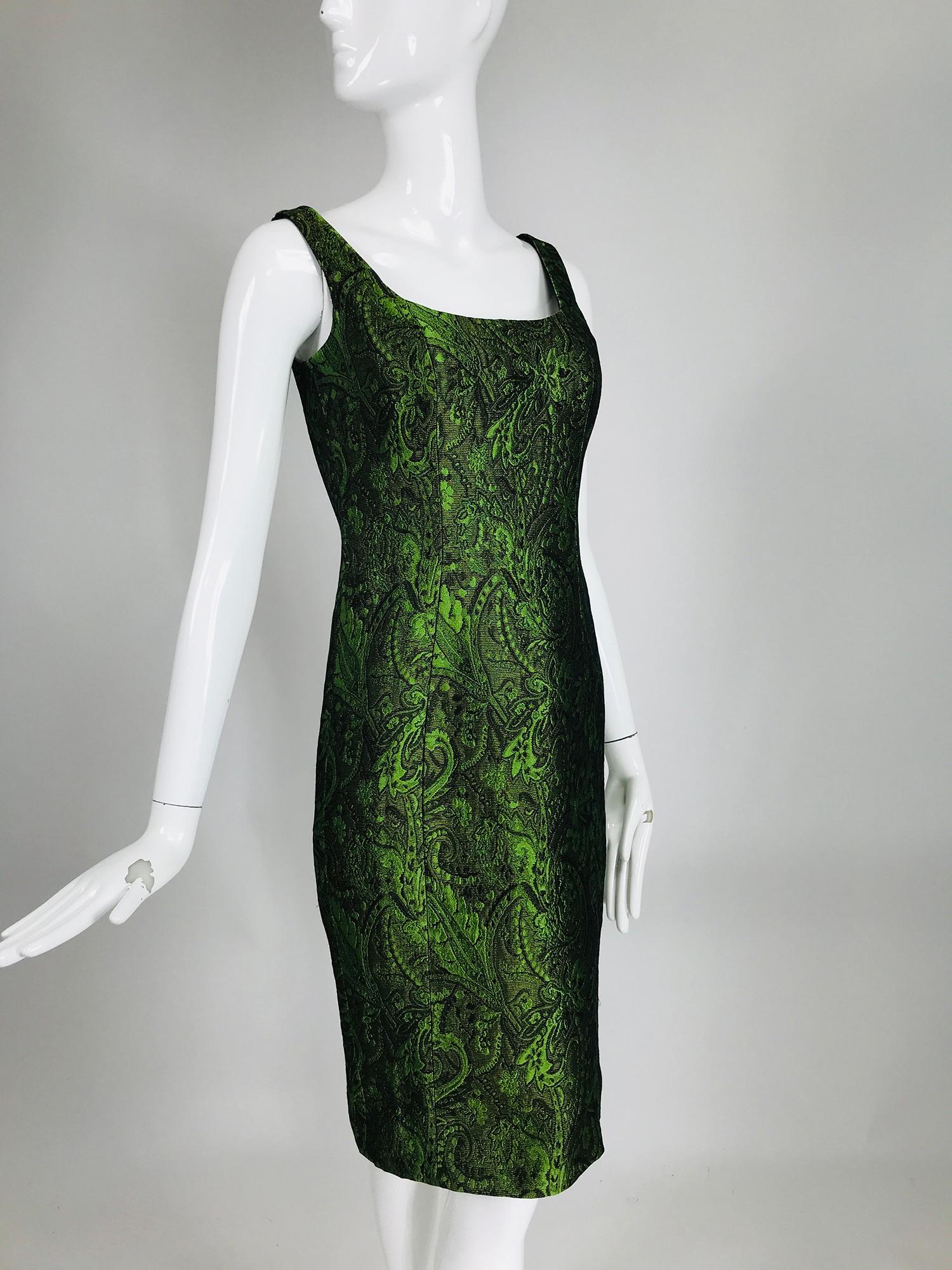 Escada Couture Moss Green Silk Brocade Sheath Dress 3