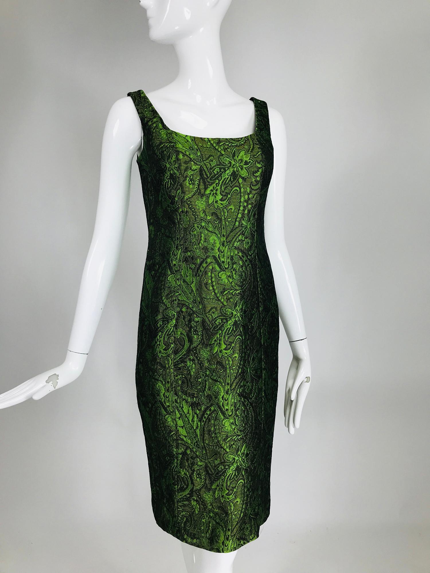 Escada Couture Moss Green Silk Brocade Sheath Dress 4