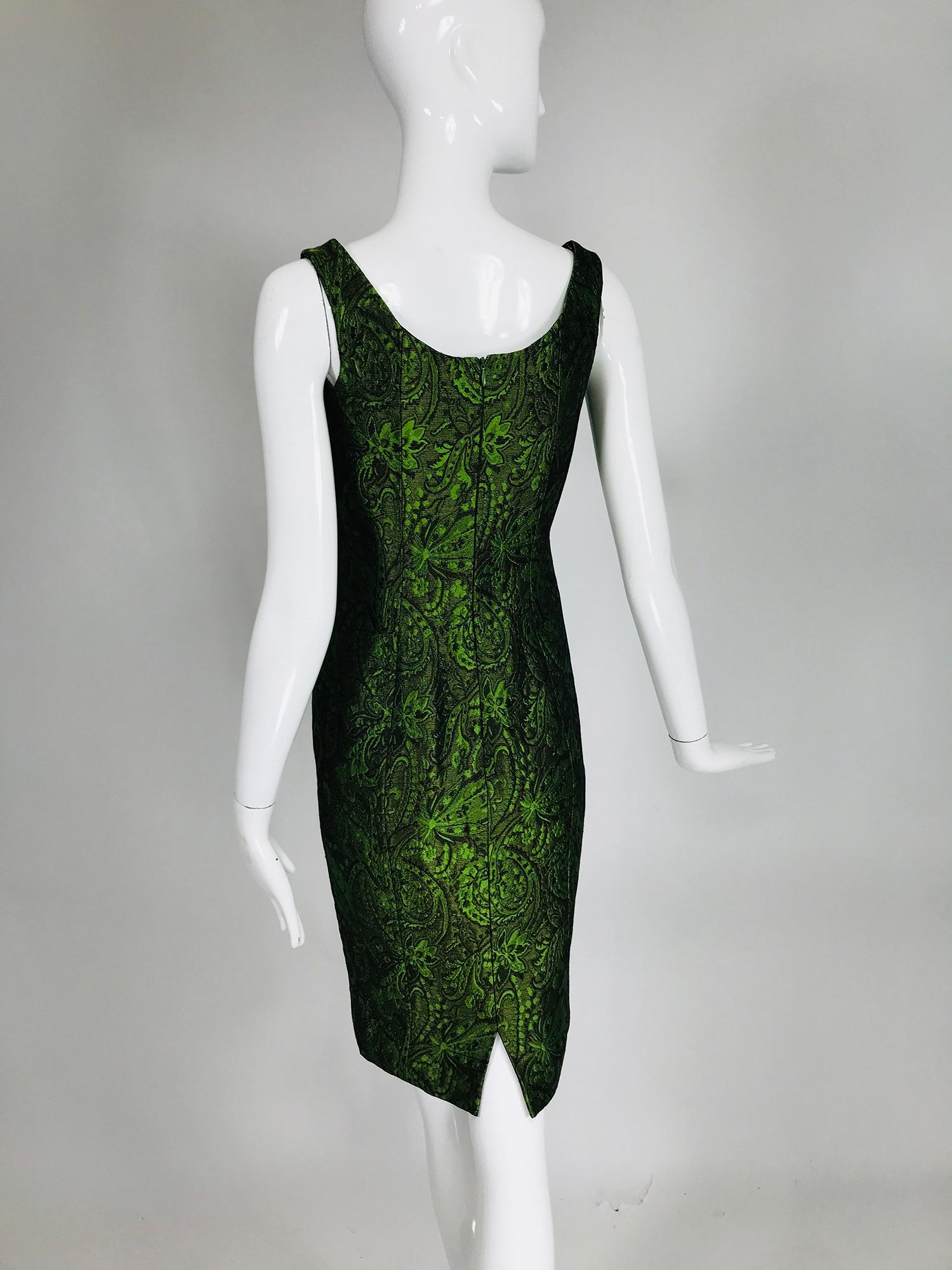 Black Escada Couture Moss Green Silk Brocade Sheath Dress