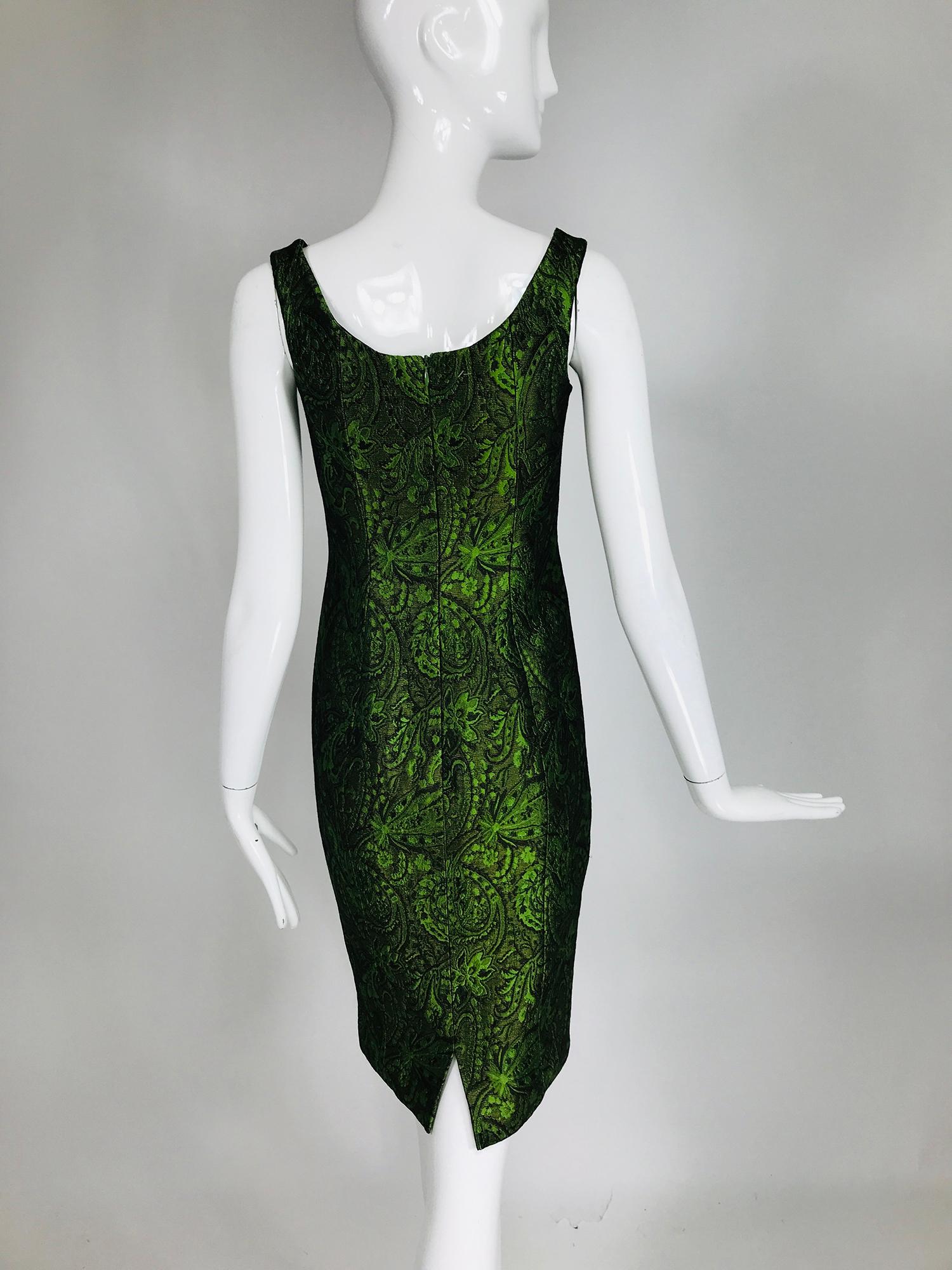 Escada Couture Moss Green Silk Brocade Sheath Dress In Excellent Condition In West Palm Beach, FL