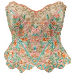 ESCADA COUTURE Size 6 Multi-Color Beaded Floral Silk Bustier