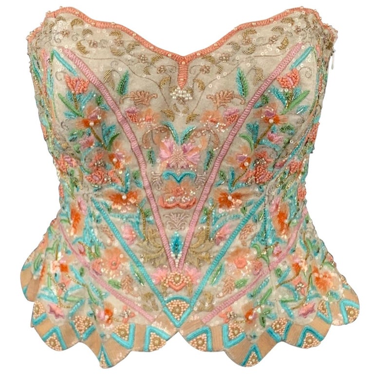 ESCADA COUTURE Size 6 Multi-Color Beaded Floral Silk Bustier at 1stDibs