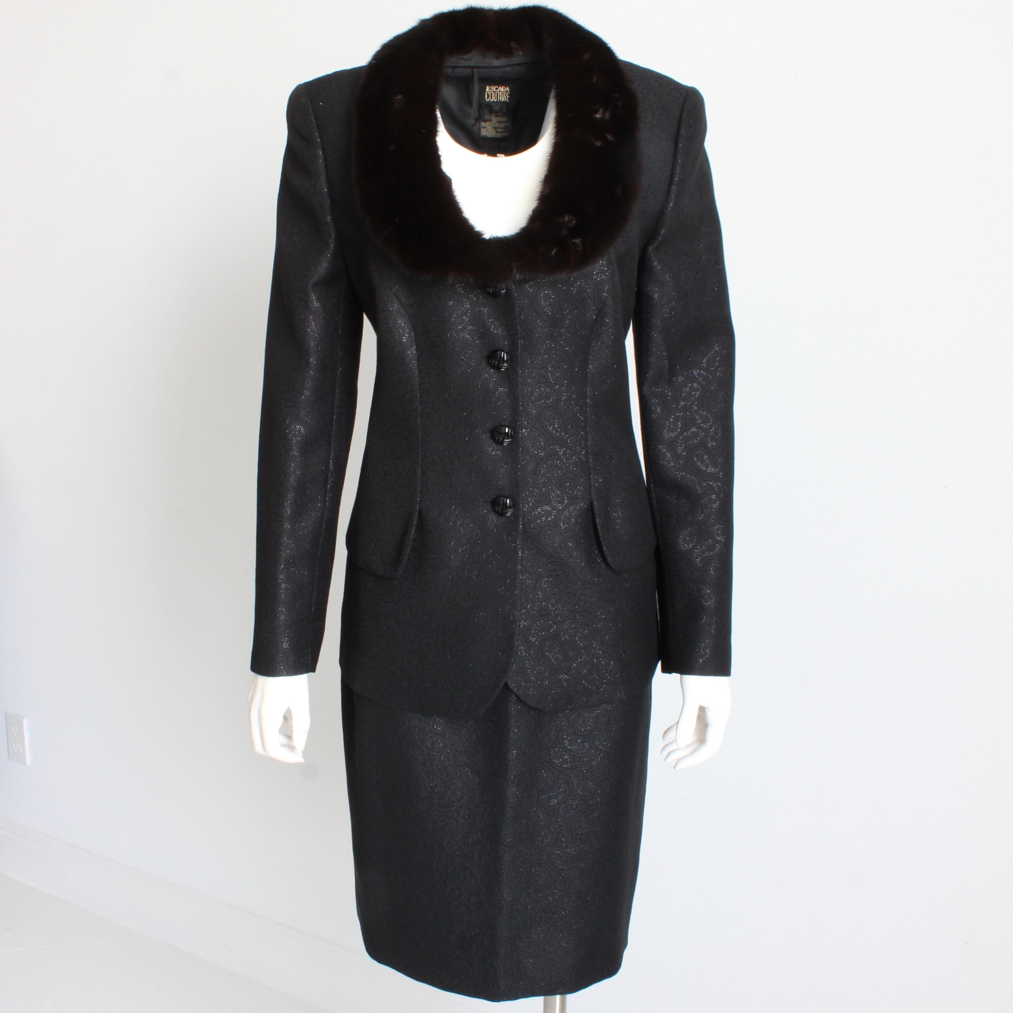 Escada Couture Suit Mink Collar Jacket and Skirt 2pc Silk Wool Blend Paisley 40 For Sale 5