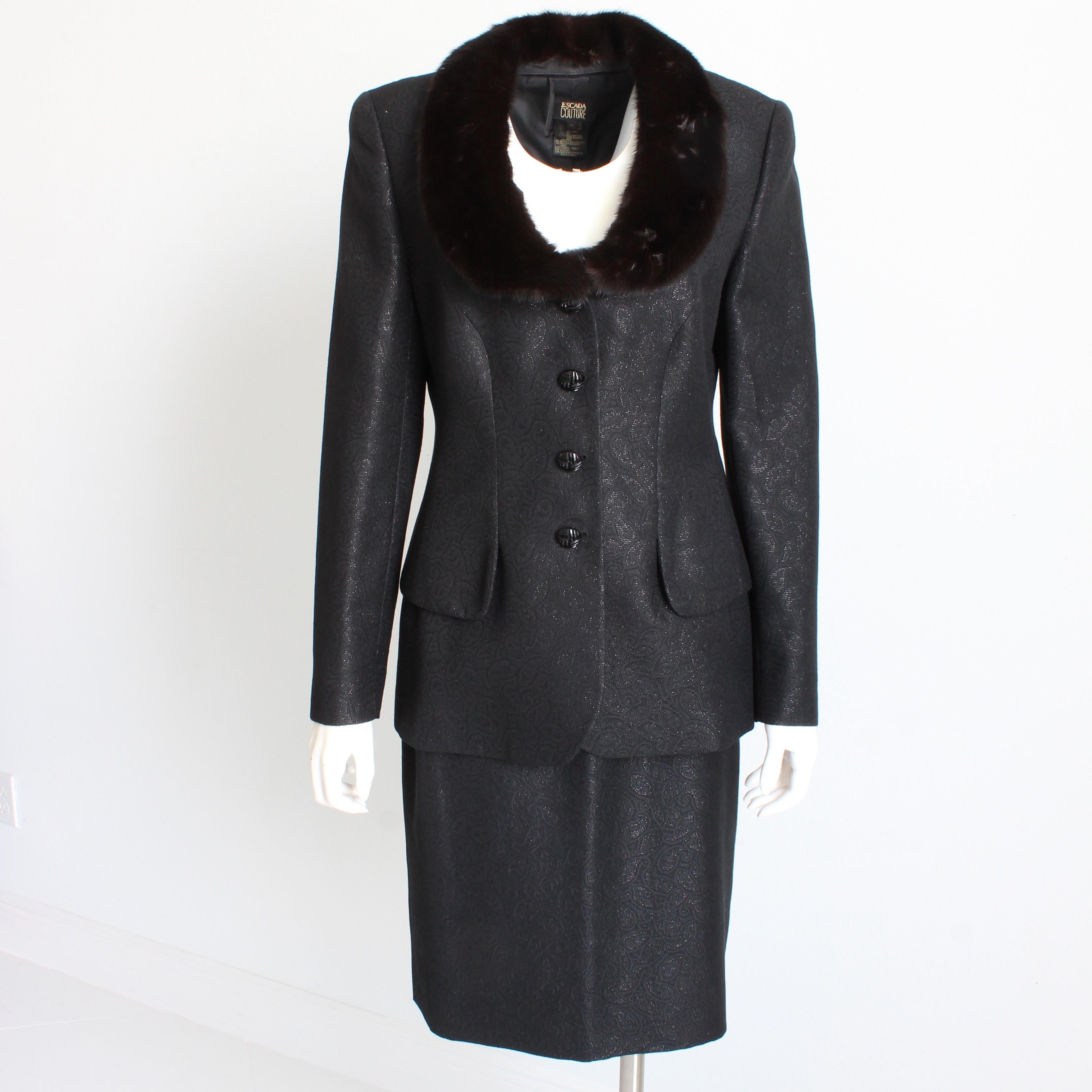 Black Escada Couture Suit Mink Collar Jacket and Skirt 2pc Silk Wool Blend Paisley 40 For Sale