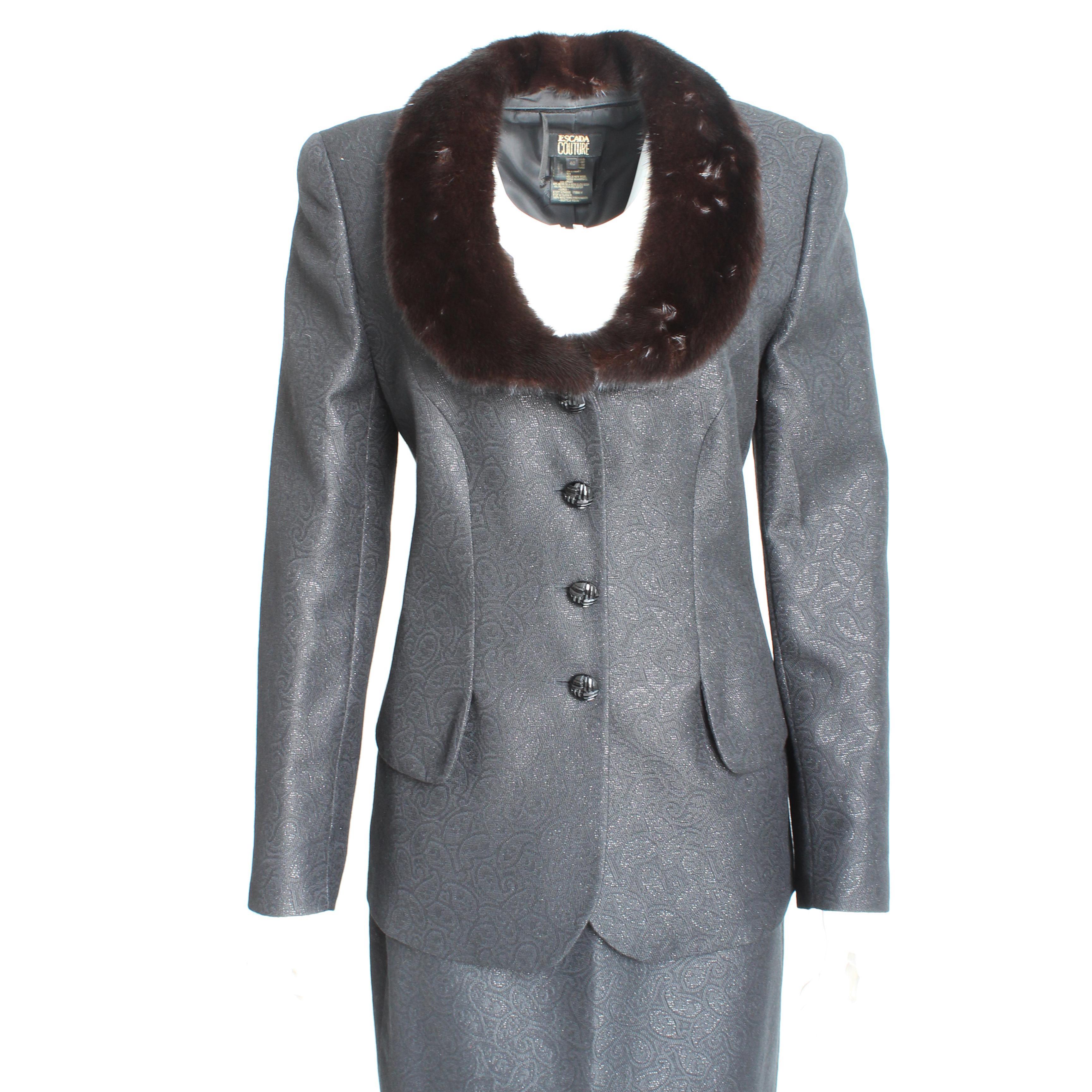 Escada Couture Suit Mink Collar Jacket and Skirt 2pc Silk Wool Blend Paisley 40 For Sale 2