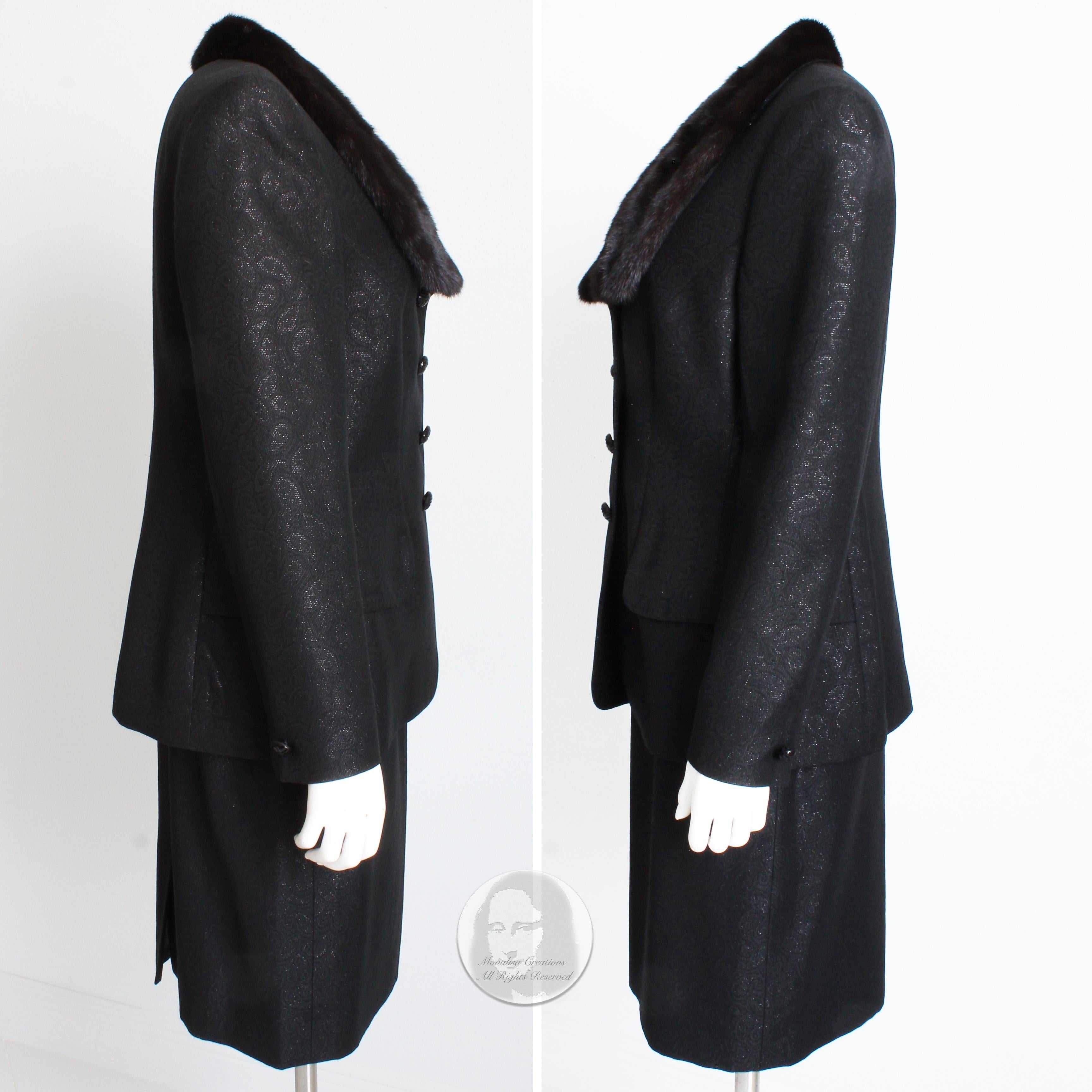 Escada Couture Suit Mink Trim Jacket & Skirt 2pc Set Silk Wool Blend Paisley 40 6