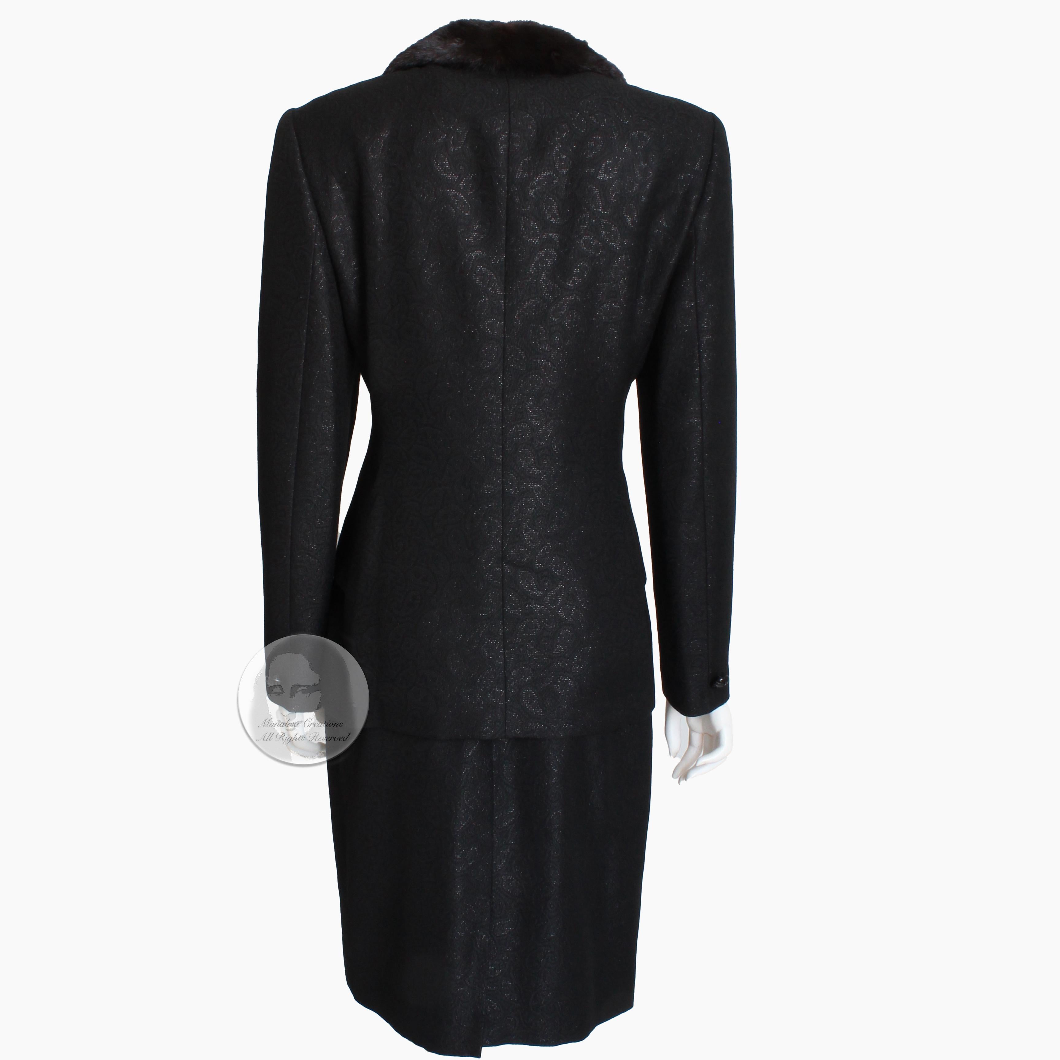 Escada Couture Suit Mink Trim Jacket & Skirt 2pc Set Silk Wool Blend Paisley 40 7