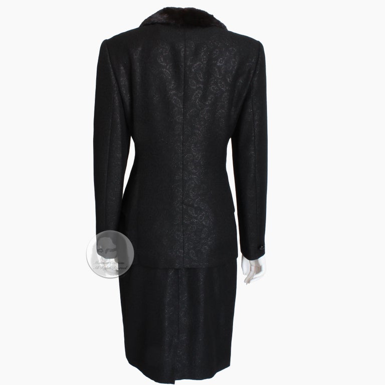 Escada Couture Suit Mink Trim Jacket & Skirt 2pc Set Silk Wool Blend Paisley 40 For Sale 7