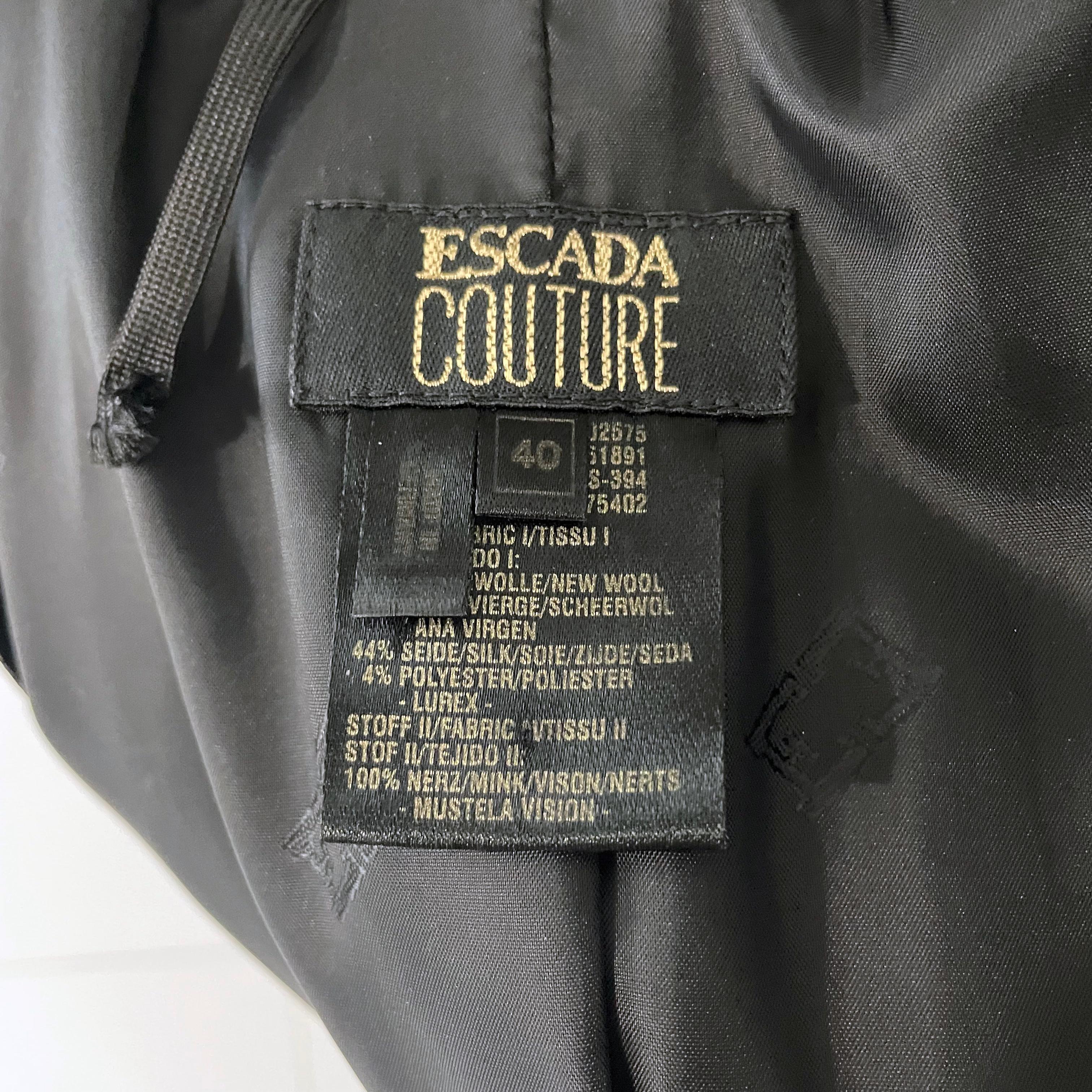 Escada Couture Suit Mink Trim Jacket & Skirt 2pc Set Silk Wool Blend Paisley 40 For Sale 9