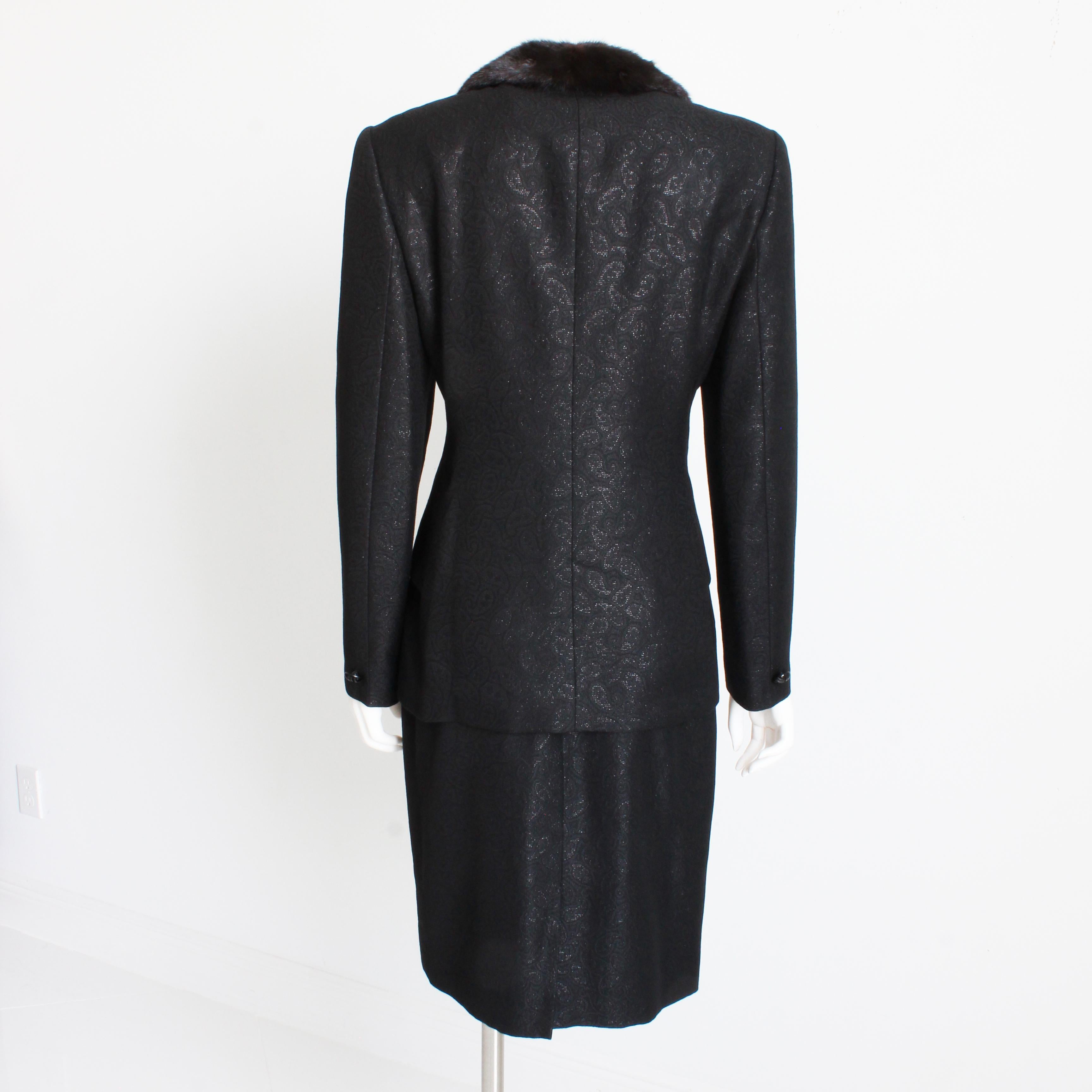 Escada Couture Suit Mink Trim Jacket & Skirt 2pc Set Silk Wool Blend Paisley 40 For Sale 8