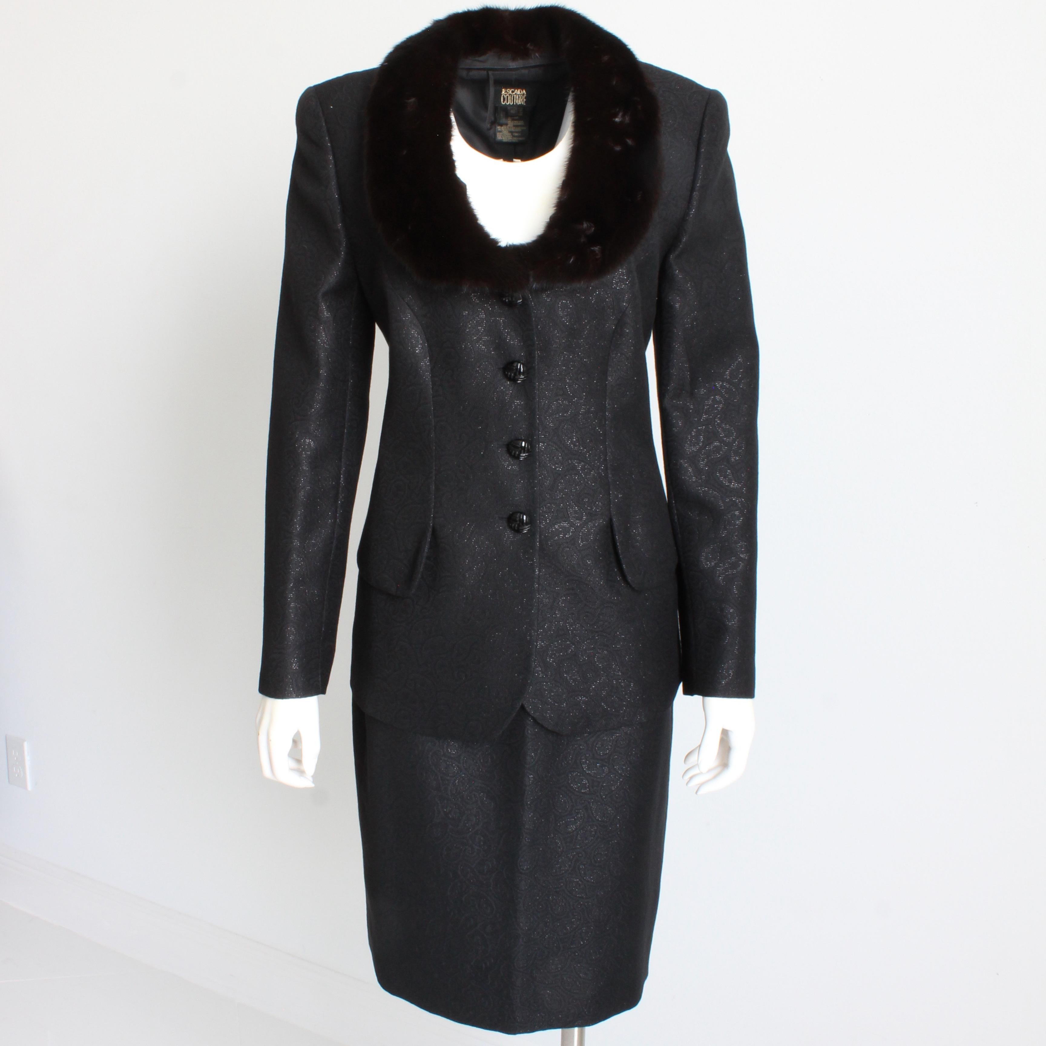Escada Couture Suit Mink Trim Jacket & Skirt 2pc Set Silk Wool Blend Paisley 40 For Sale 6